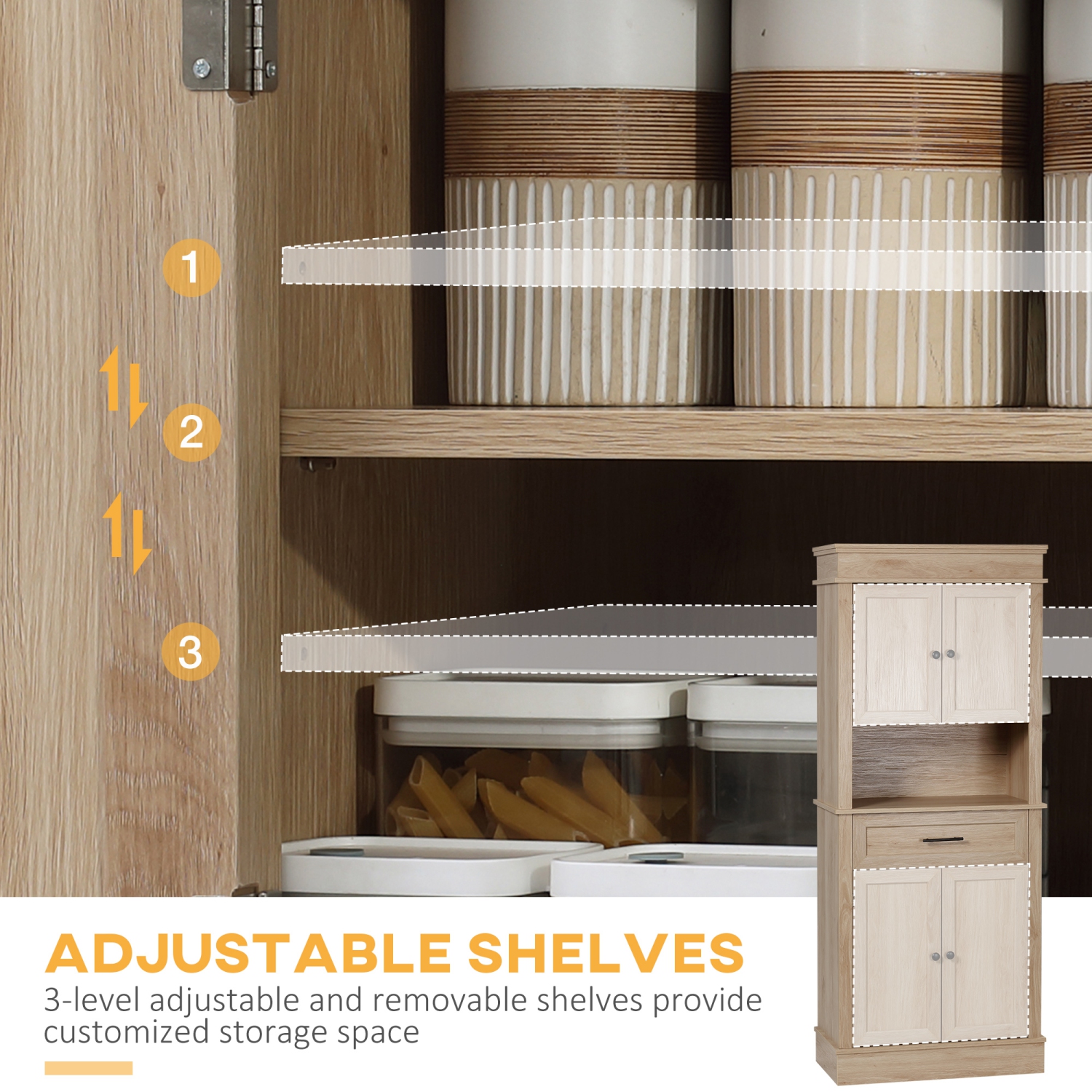 HOMCOM – Armoire garde-manger moderne de 72&nbsp;po, grande armoire de rangement autonome avec tablettes réglables, portes, espace ouvert, chêne