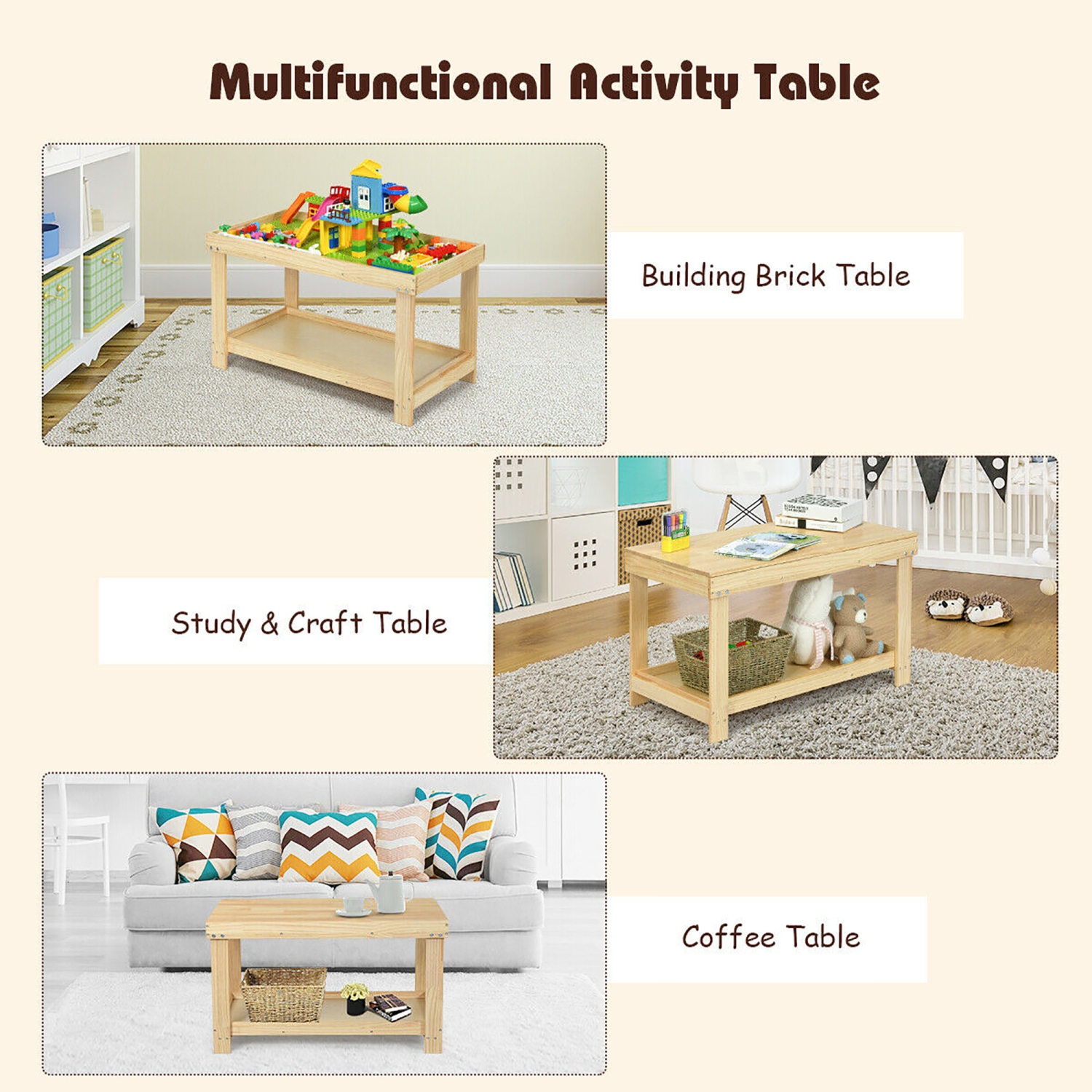Gymax Patented Wood Kids Activity Play Table Block Table Multifunction W/Storage