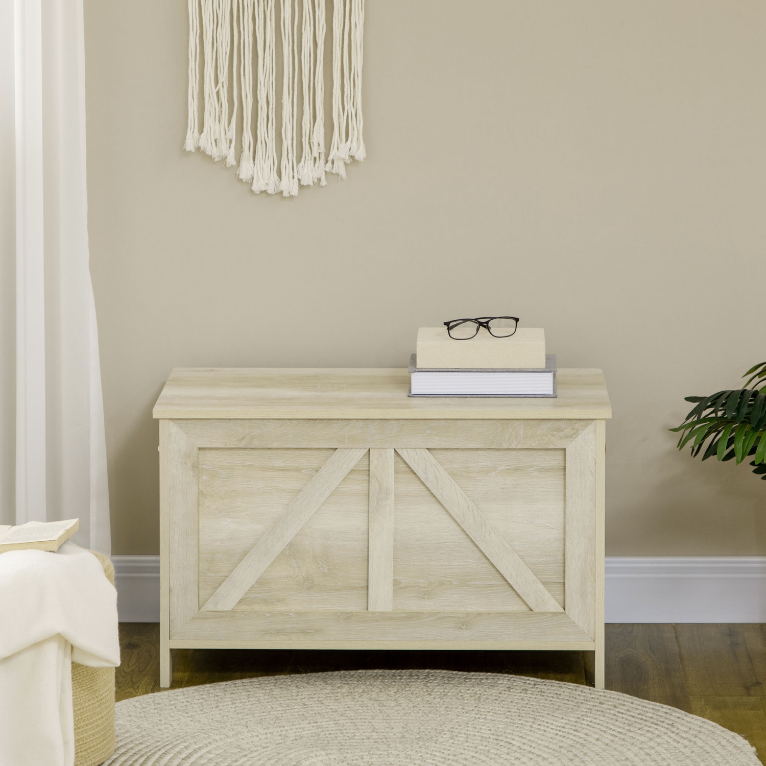 HOMCOM Farmhouse Storage Chest, Storage Bench, Lift Top Box with Safety Hinge to Open Up 100° for Entryway, Living Room, Natural