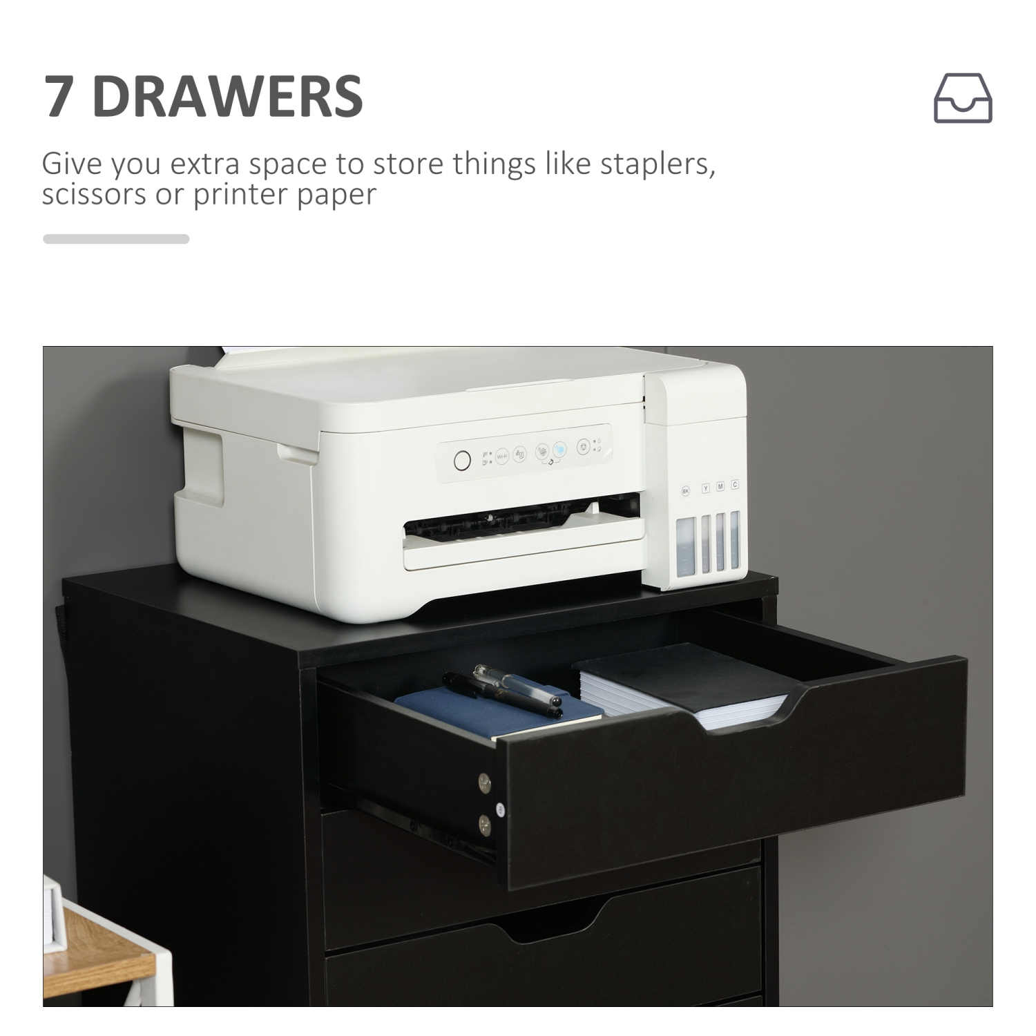 Vinsetto Vertical Filing Cabinet, 7-drawer File Cabinet, Mobile Office Storage Cabinet with Wheels for Home Office, Black