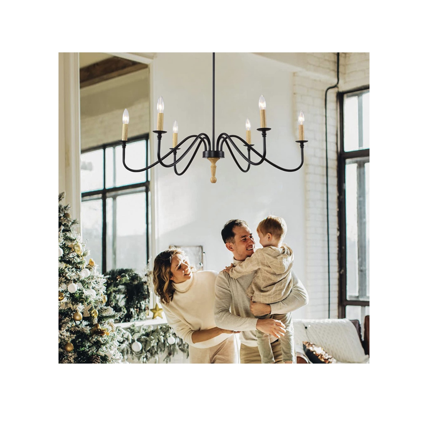 A|M Lighting Wood Farmhouse Candle Chandelier 6-Light Rustic Light Fixture