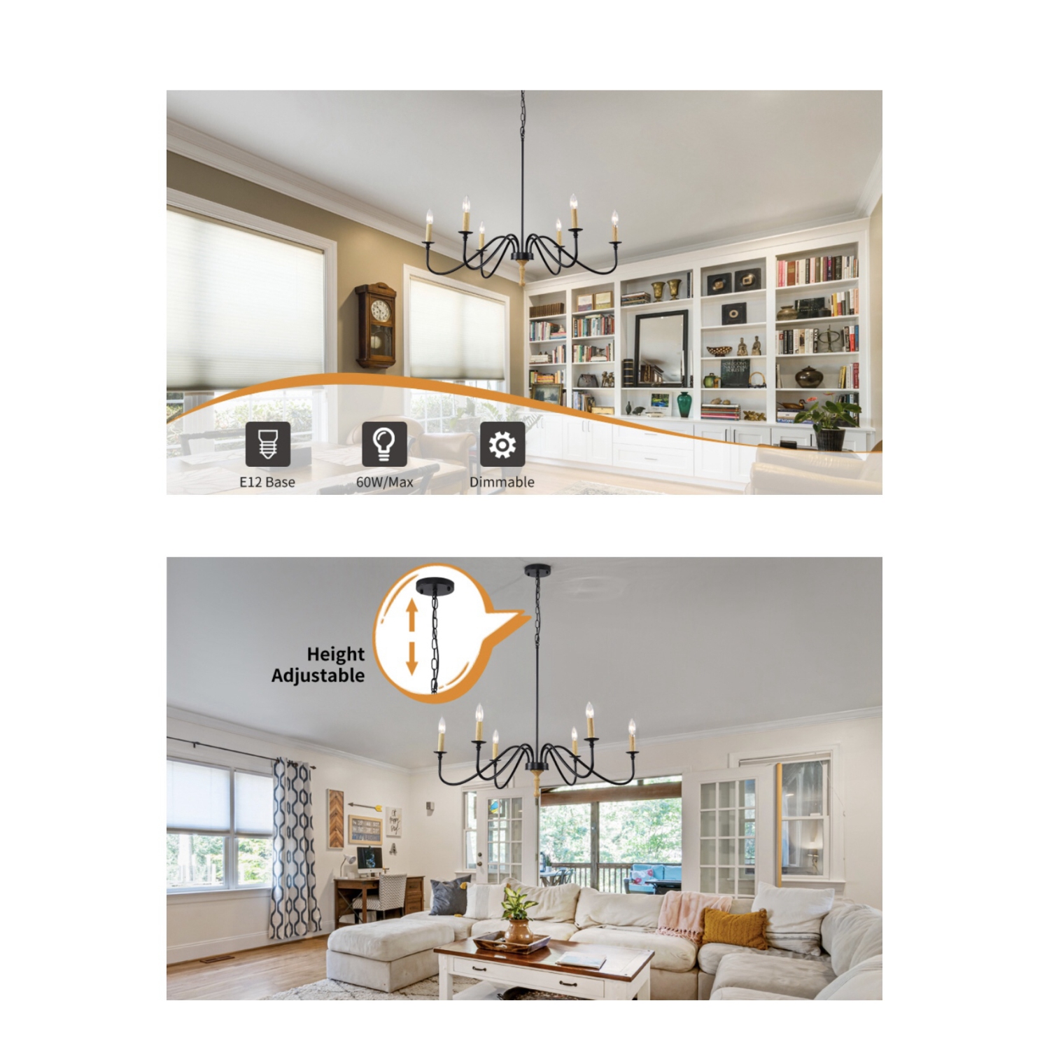 A|M Lighting Wood Farmhouse Candle Chandelier 6-Light Rustic Light Fixture