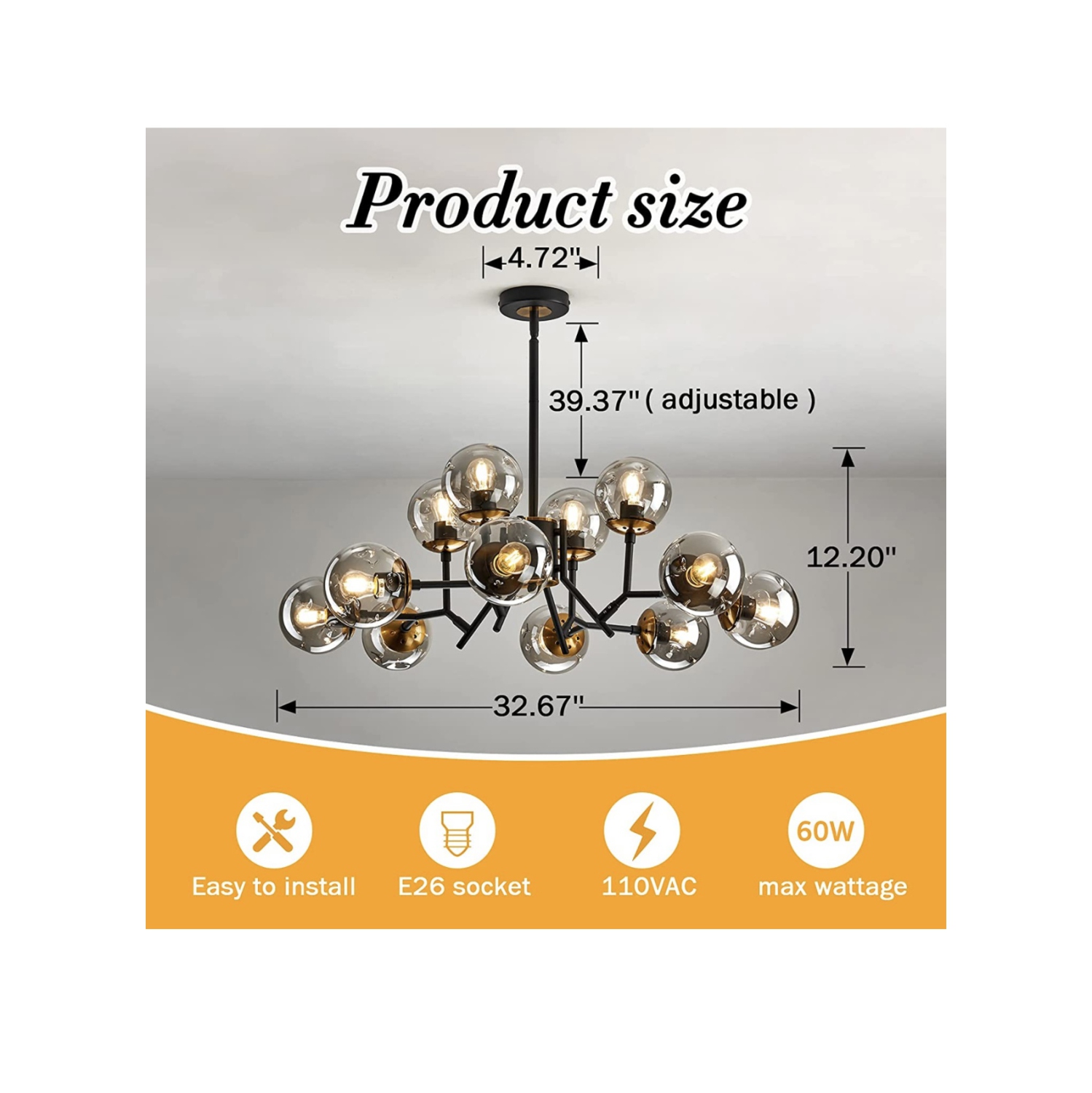 A|M Lighting 12-Light Glass Globe Sputnik Chandelier Mid-Century Modern