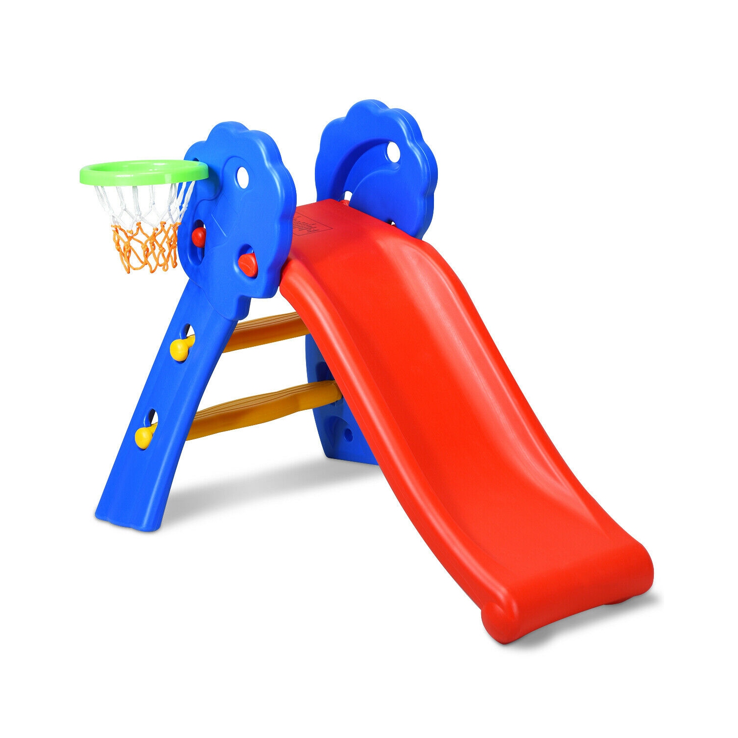 Gymax 2 Step Children Folding Slide w/ Basketball Hoop For Kids Indoor & Outdoor