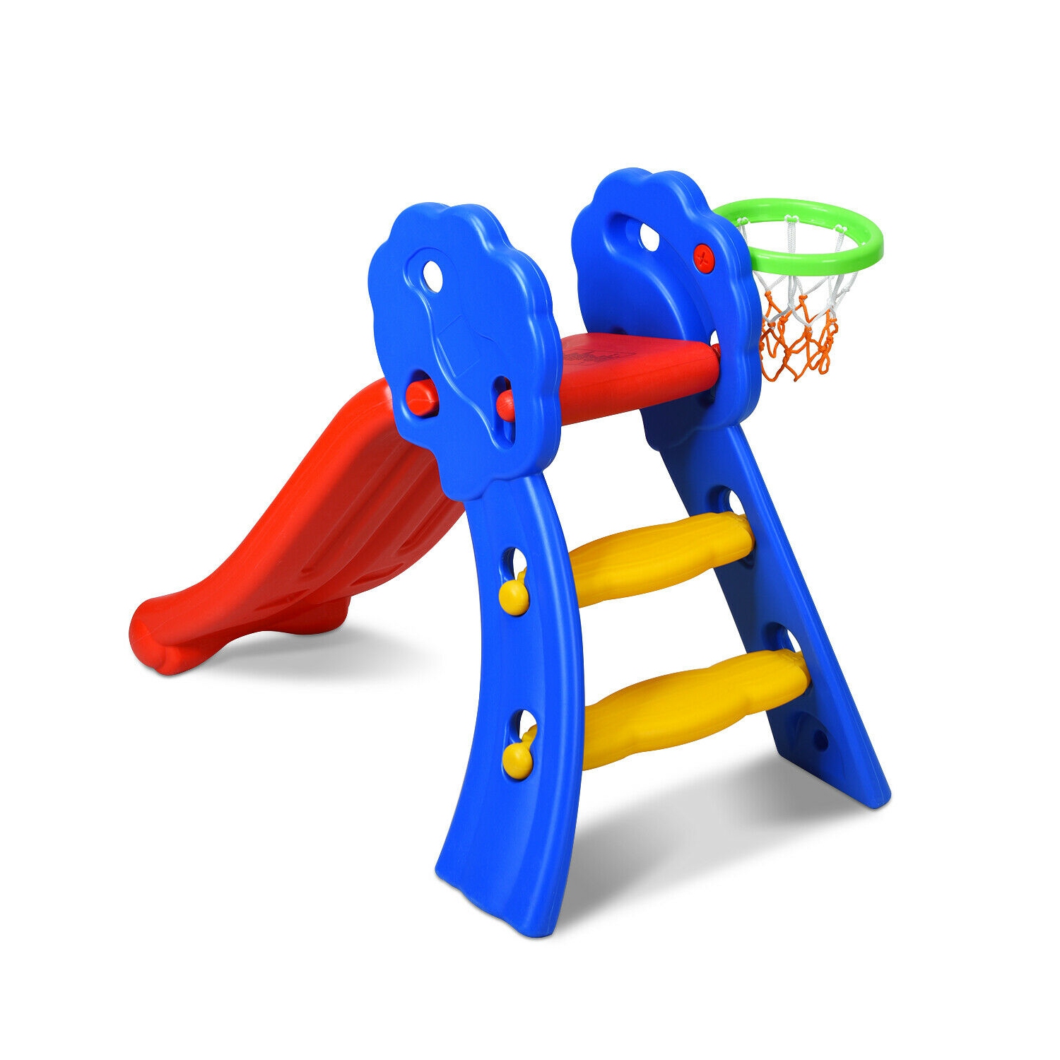 Gymax 2 Step Children Folding Slide w/ Basketball Hoop For Kids Indoor & Outdoor