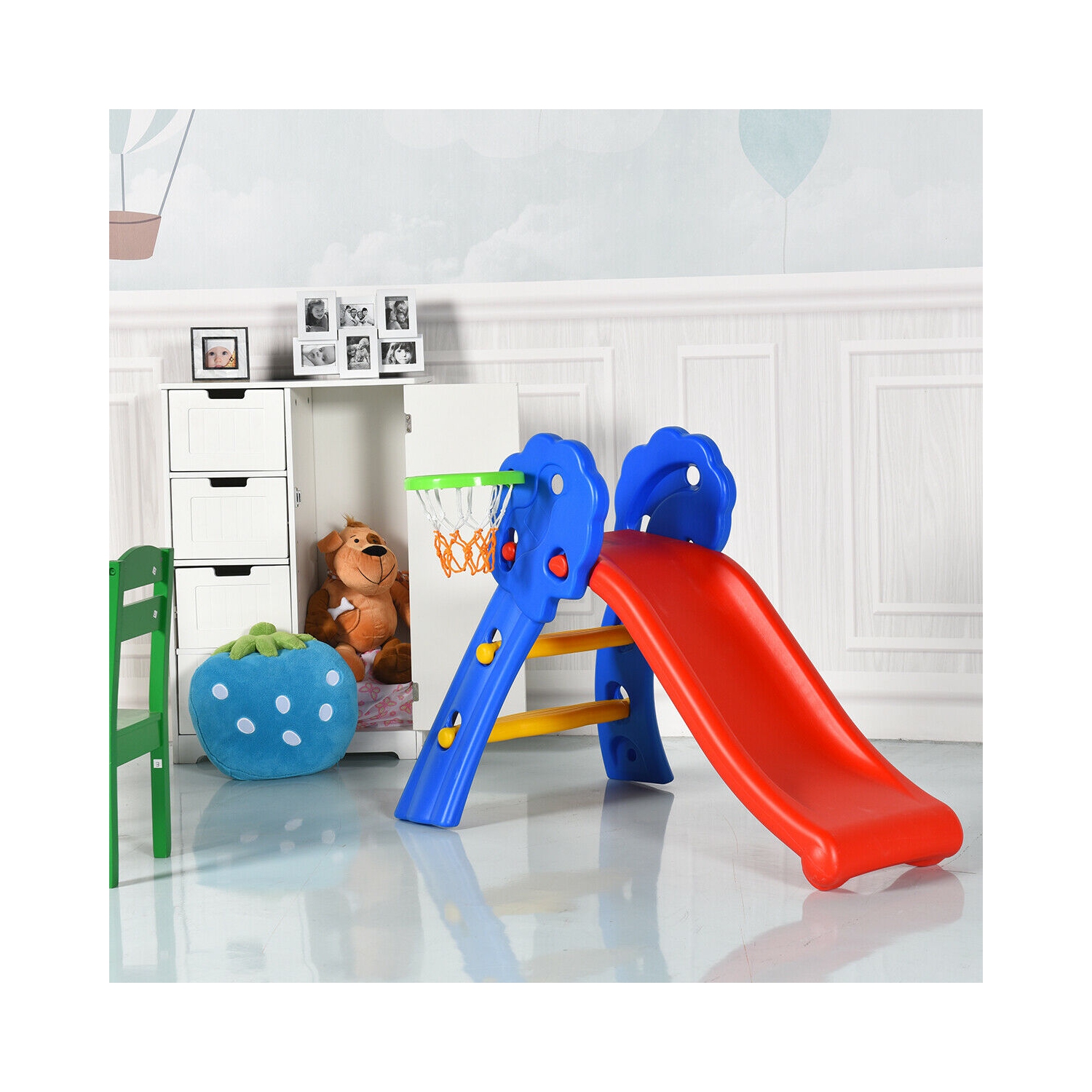 Gymax 2 Step Children Folding Slide w/ Basketball Hoop For Kids Indoor & Outdoor