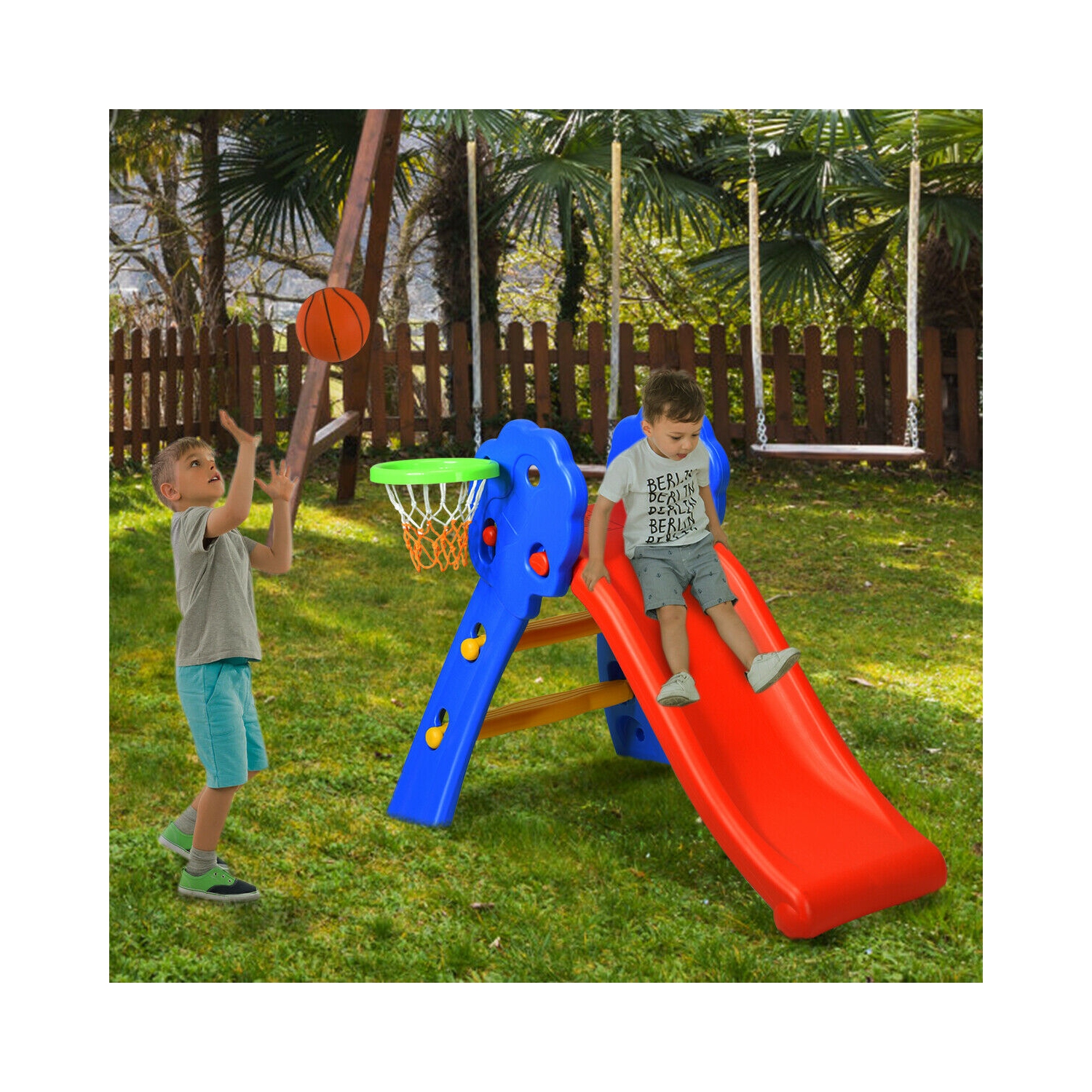 Gymax 2 Step Children Folding Slide w/ Basketball Hoop For Kids Indoor & Outdoor