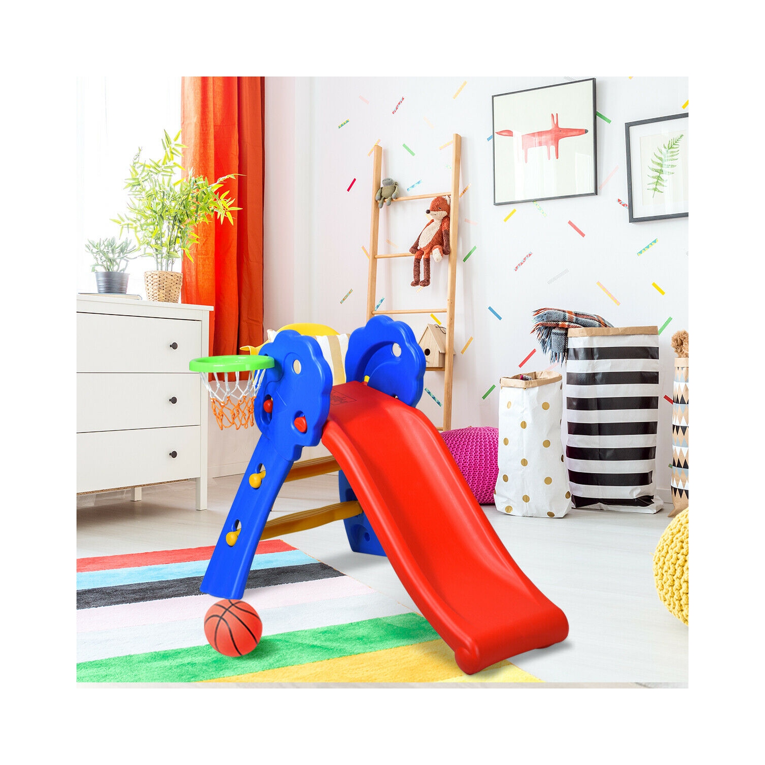 Gymax 2 Step Children Folding Slide w/ Basketball Hoop For Kids Indoor & Outdoor