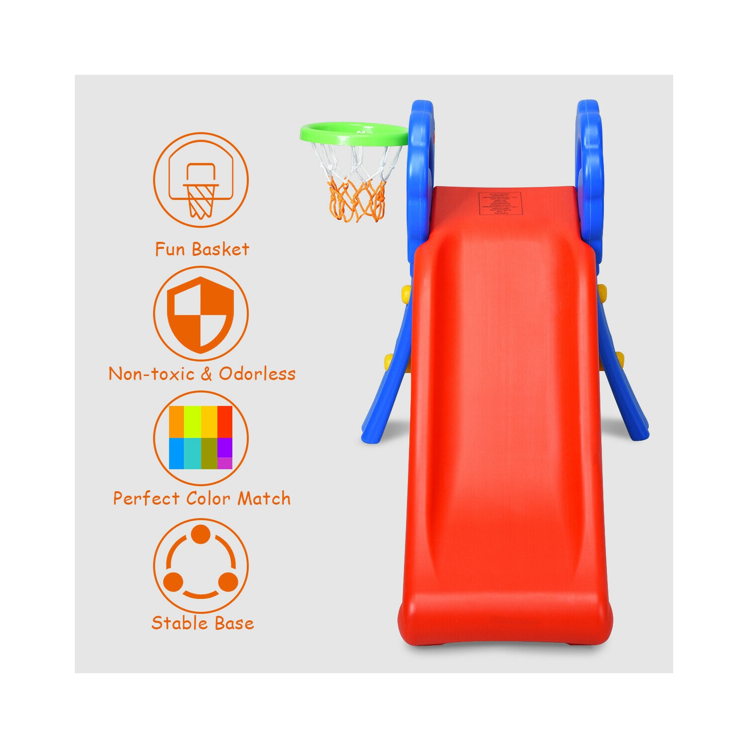 Gymax 2 Step Children Folding Slide w/ Basketball Hoop For Kids Indoor & Outdoor