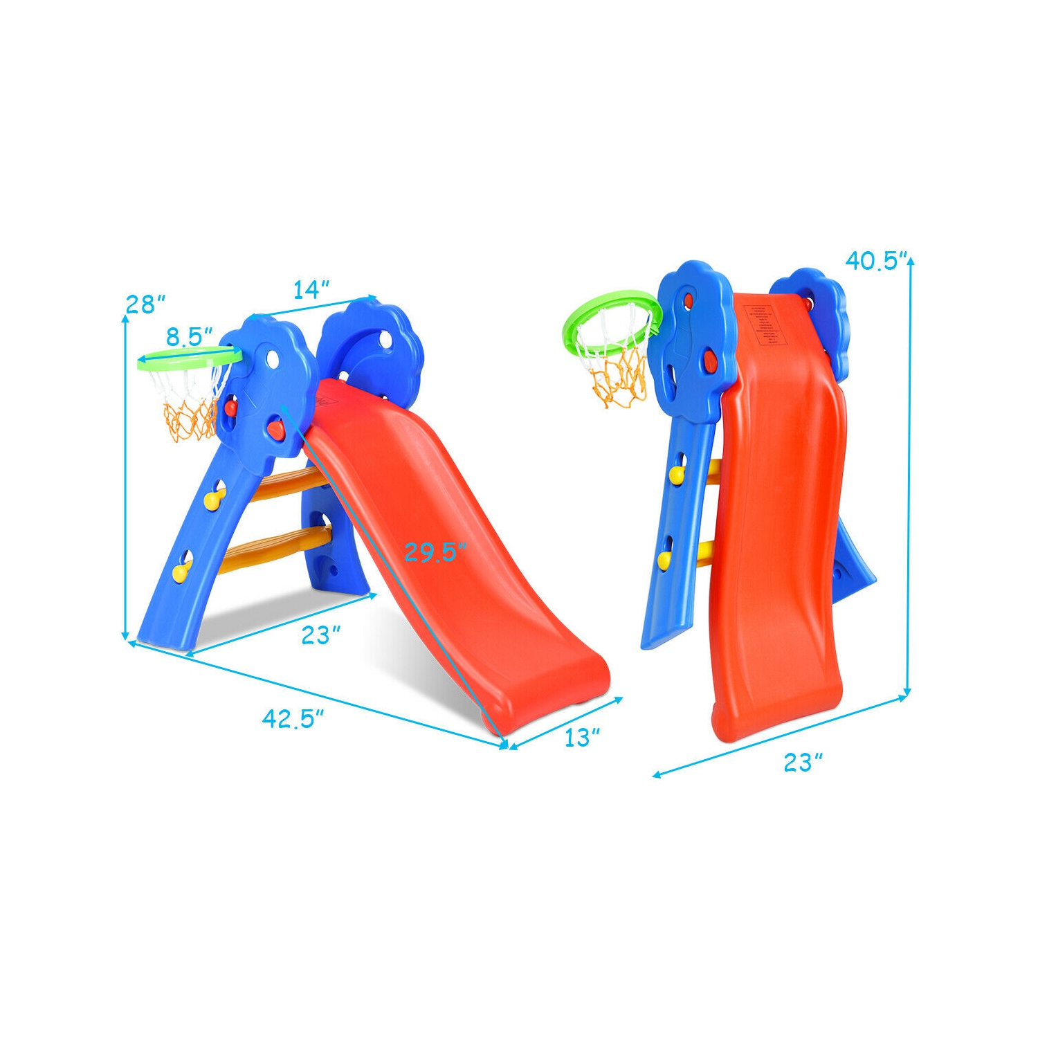 Gymax 2 Step Children Folding Slide w/ Basketball Hoop For Kids Indoor & Outdoor