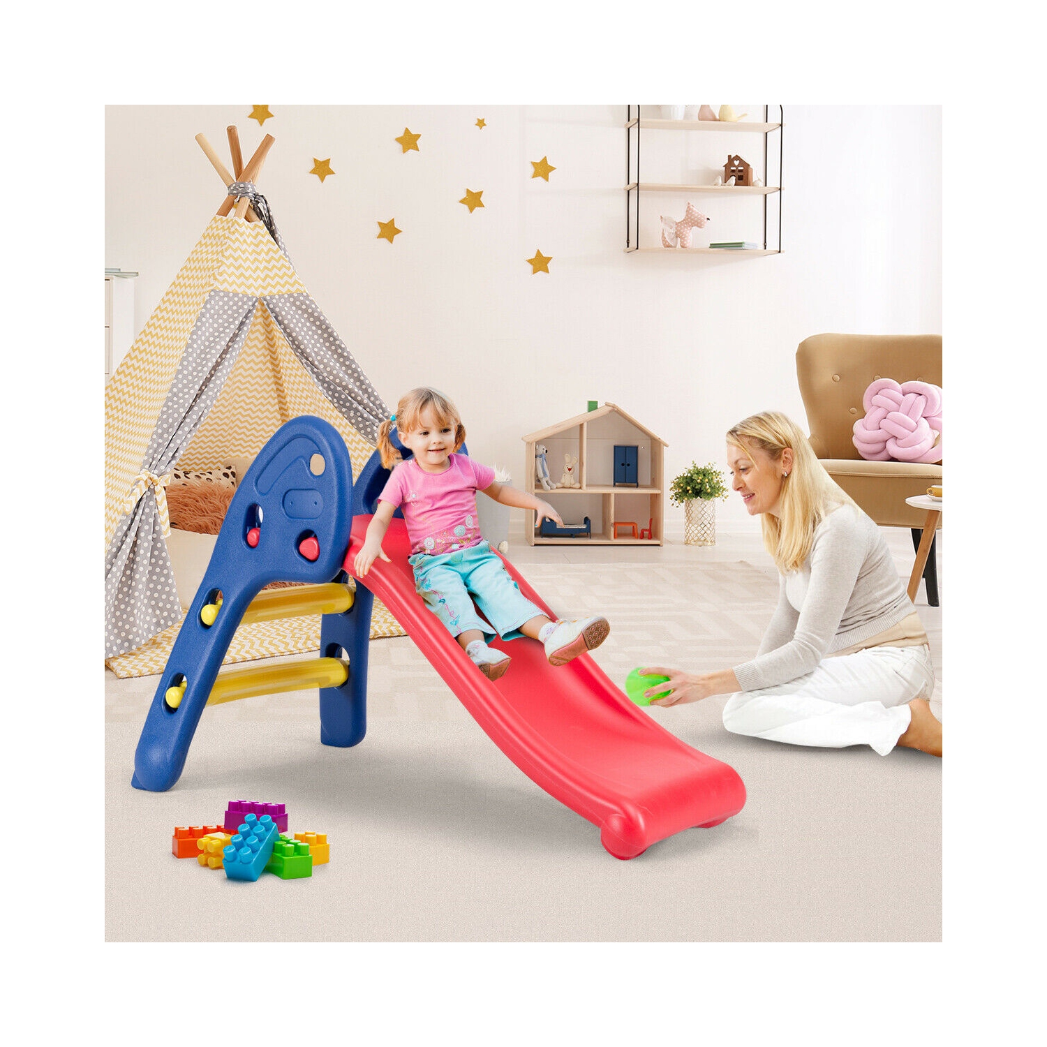 Gymax 2 Step Children Folding Slide Plastic Fun Toy Up-down For Kids Indoor & Outdoor