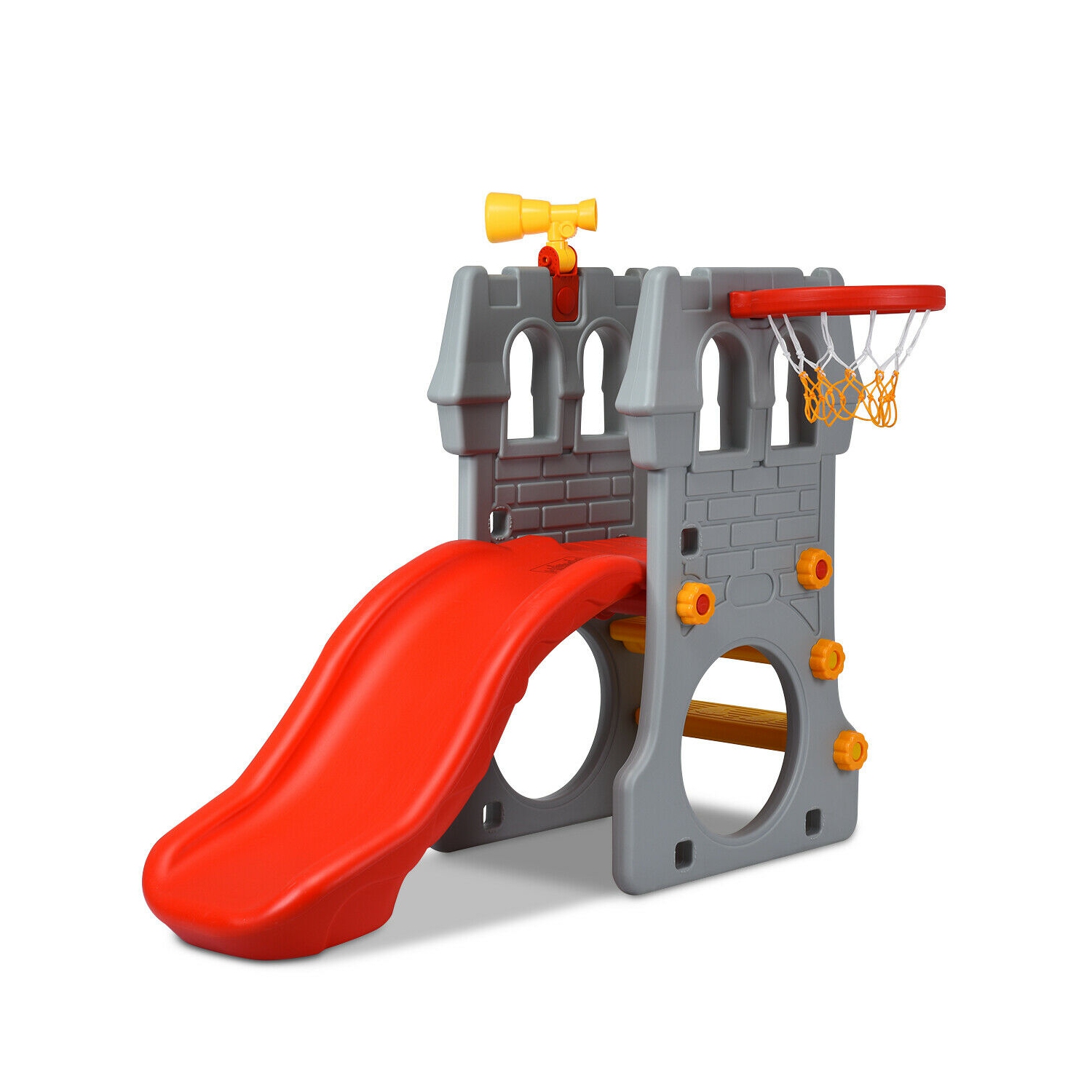 Gymax 2-Step Children Castle Slide Basketball Hoop and Telescope Toy Indoor & Outdoor