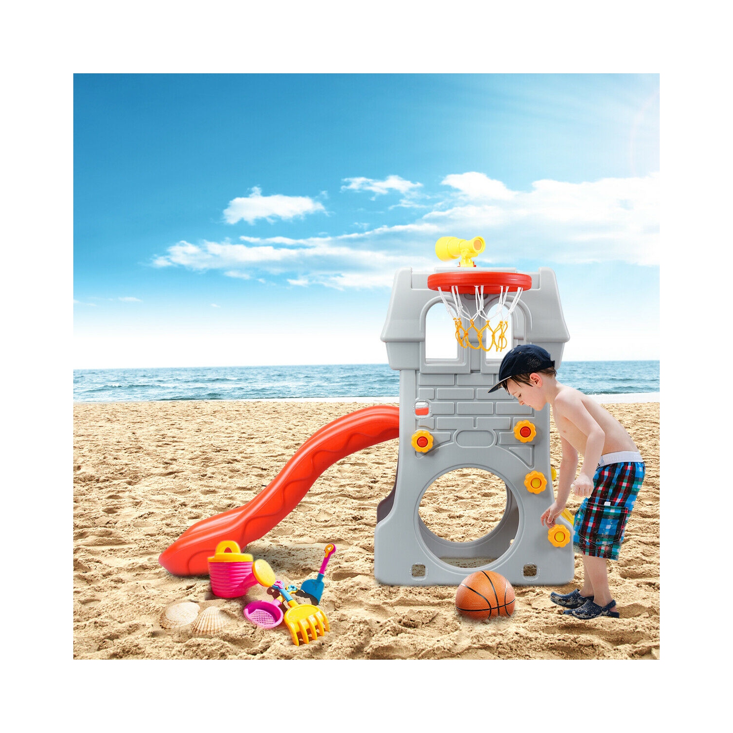 Gymax 2-Step Children Castle Slide Basketball Hoop and Telescope Toy Indoor & Outdoor