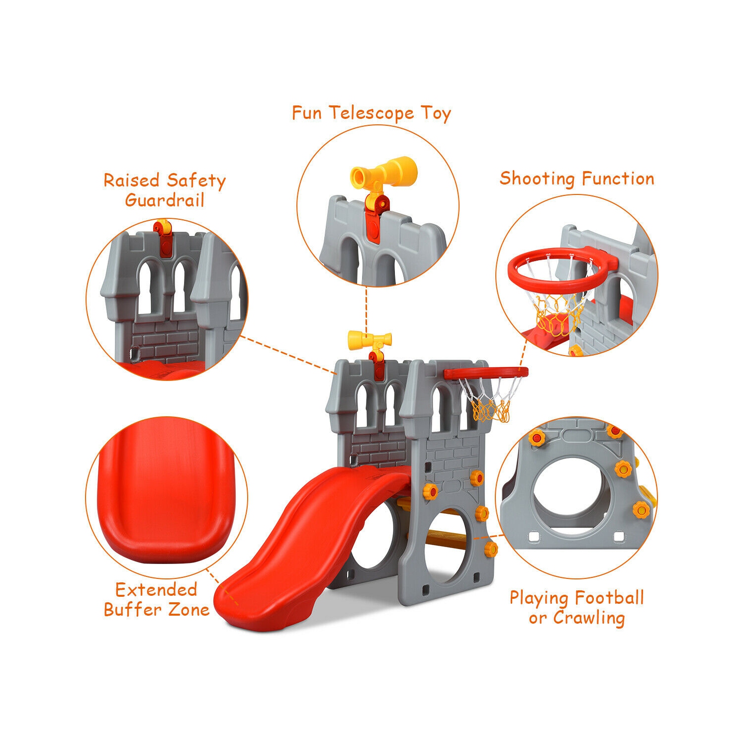 Gymax 2-Step Children Castle Slide Basketball Hoop and Telescope Toy Indoor & Outdoor