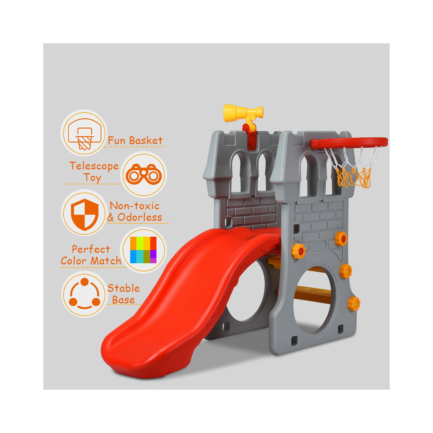 Gymax 2-Step Children Castle Slide Basketball Hoop and Telescope Toy Indoor & Outdoor