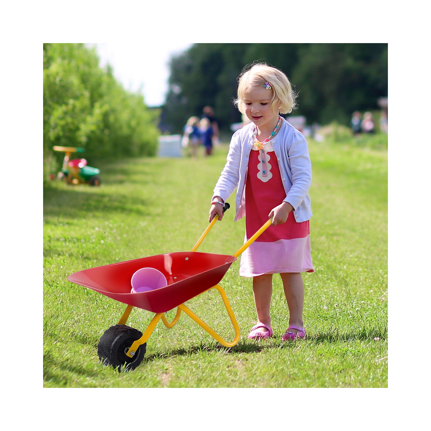 Gymax Kids Metal Wheelbarrow Children's Size Ourdoor Garden Backyard Play Toy Red