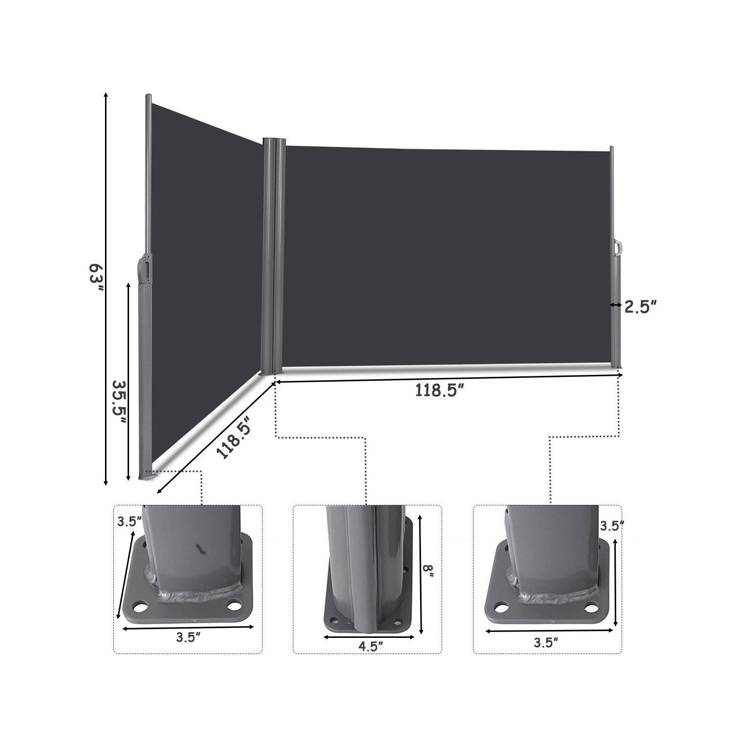 Gymax 237''x 63'' H Patio Retractable Double Folding Side Awning Screen Divider