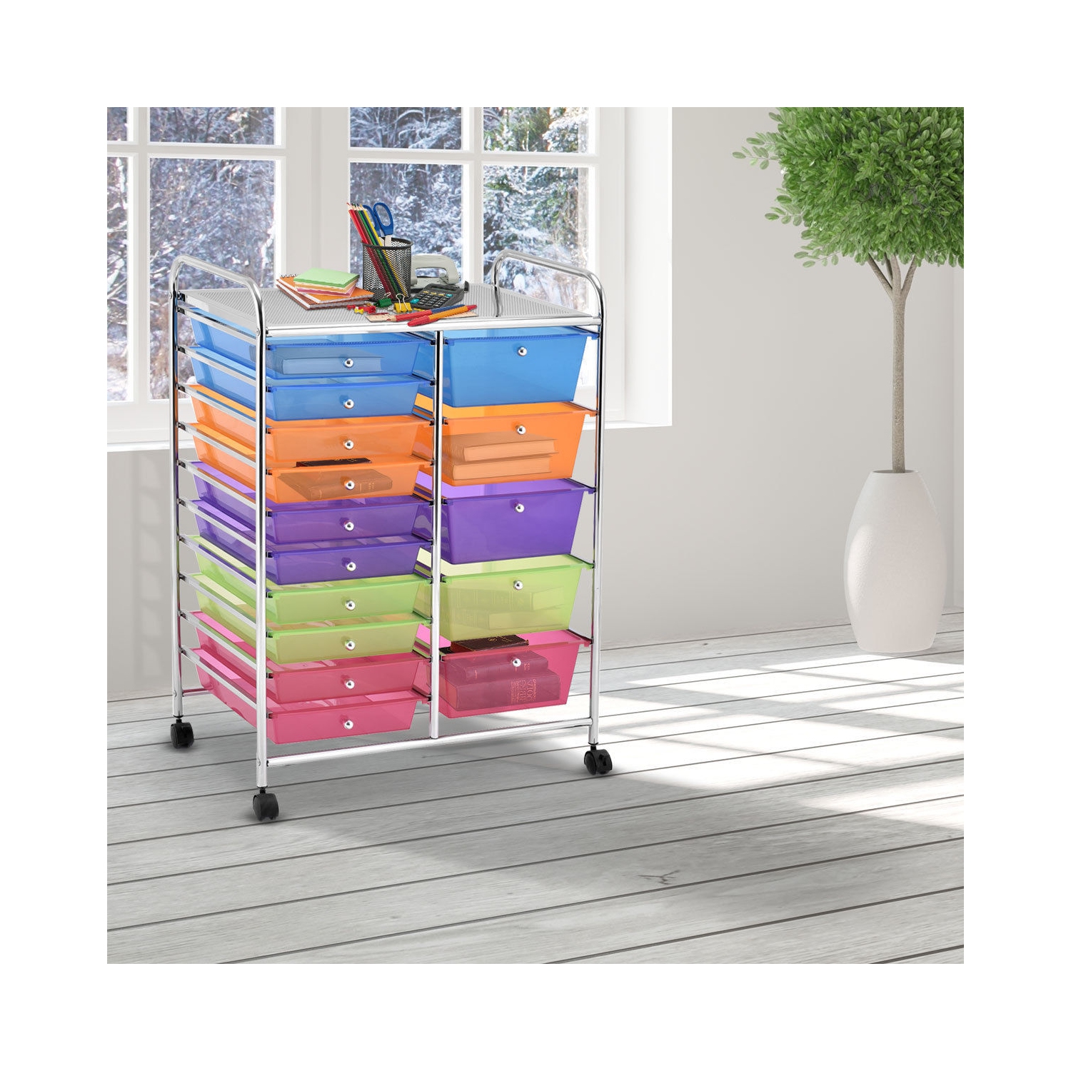 Gymax Rolling Storage Cart 15 Drawers Organize Shelf Office School