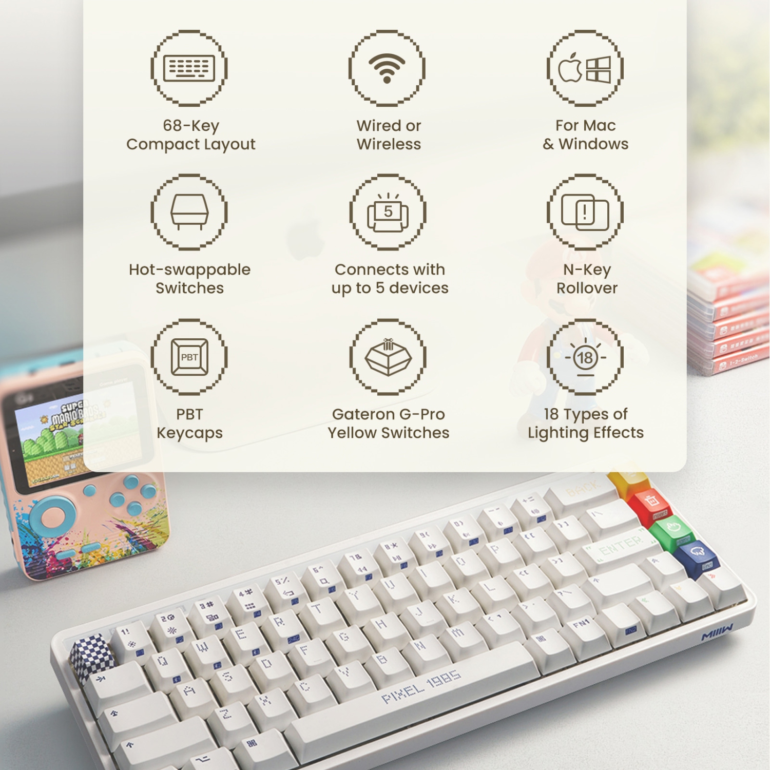 XIAOMI MIIIW K19.1 Wired/Wireless Mechanical Gaming Keyboard, Bluetooth5.0/2.4G/Wired Hot Swappable Keyboard, PIXEL1985 - White