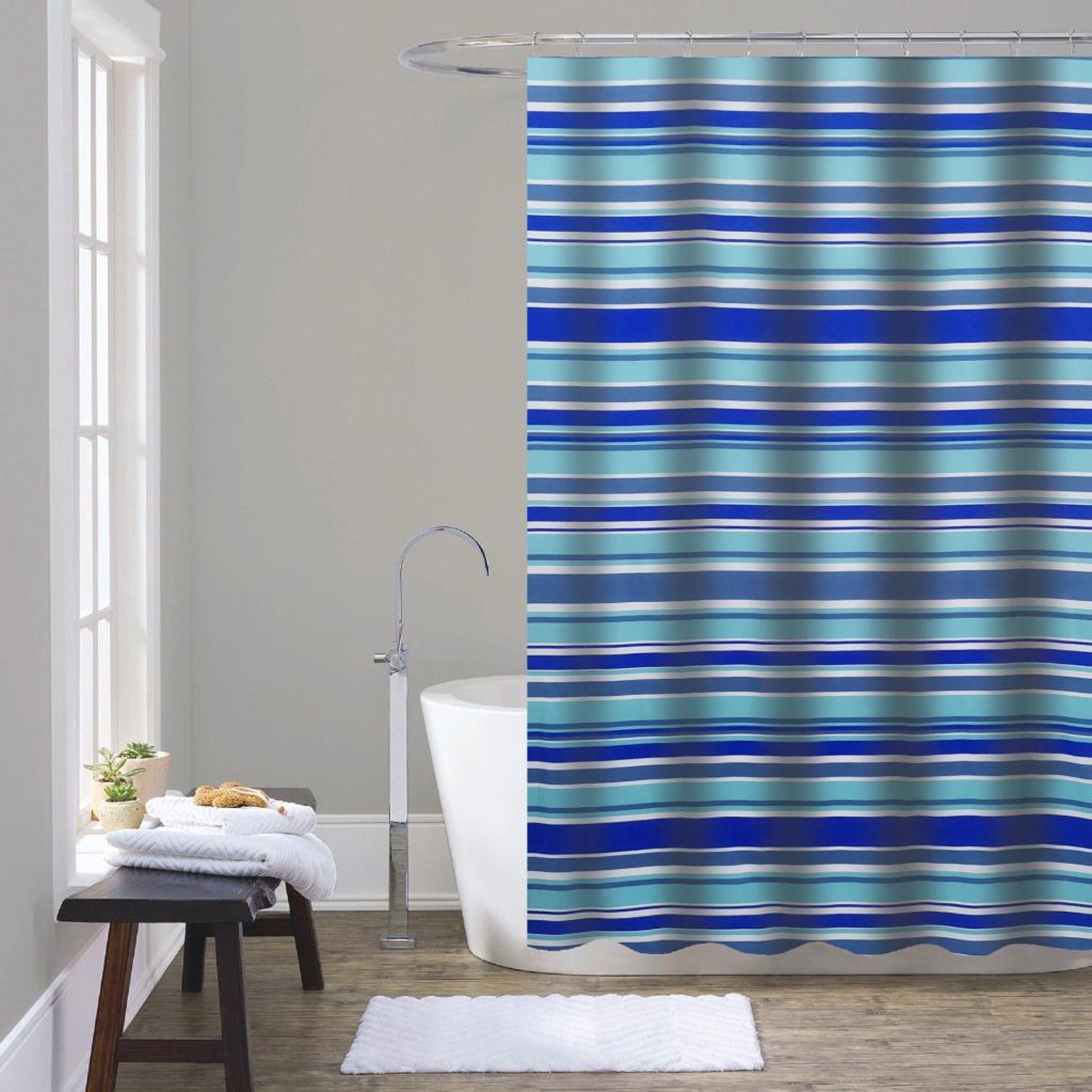 ITY International - Polyester Shower Curtain, 71" x 71", Blue Stripes
