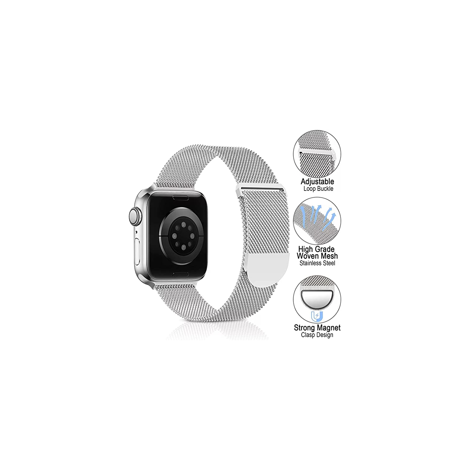 Apple Watch Series 10 / 9 / 8 / 7 / 6 / 5 / 4 / 3 / 2 / 1 / SE Adjustable Magnetic Band, Stainless Steel Mesh Replacement Strap Wristband for Men &