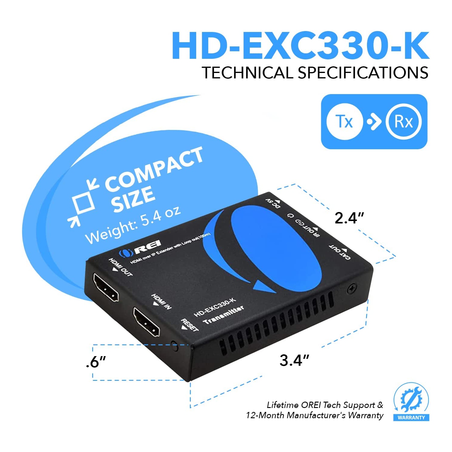Prolongateur HDMI sur CAT5/CAT6 par OREI avec IR jusqu’à 330 pi - sortie en boucle - distribution de signal 1080p HD intégrale - sur IP