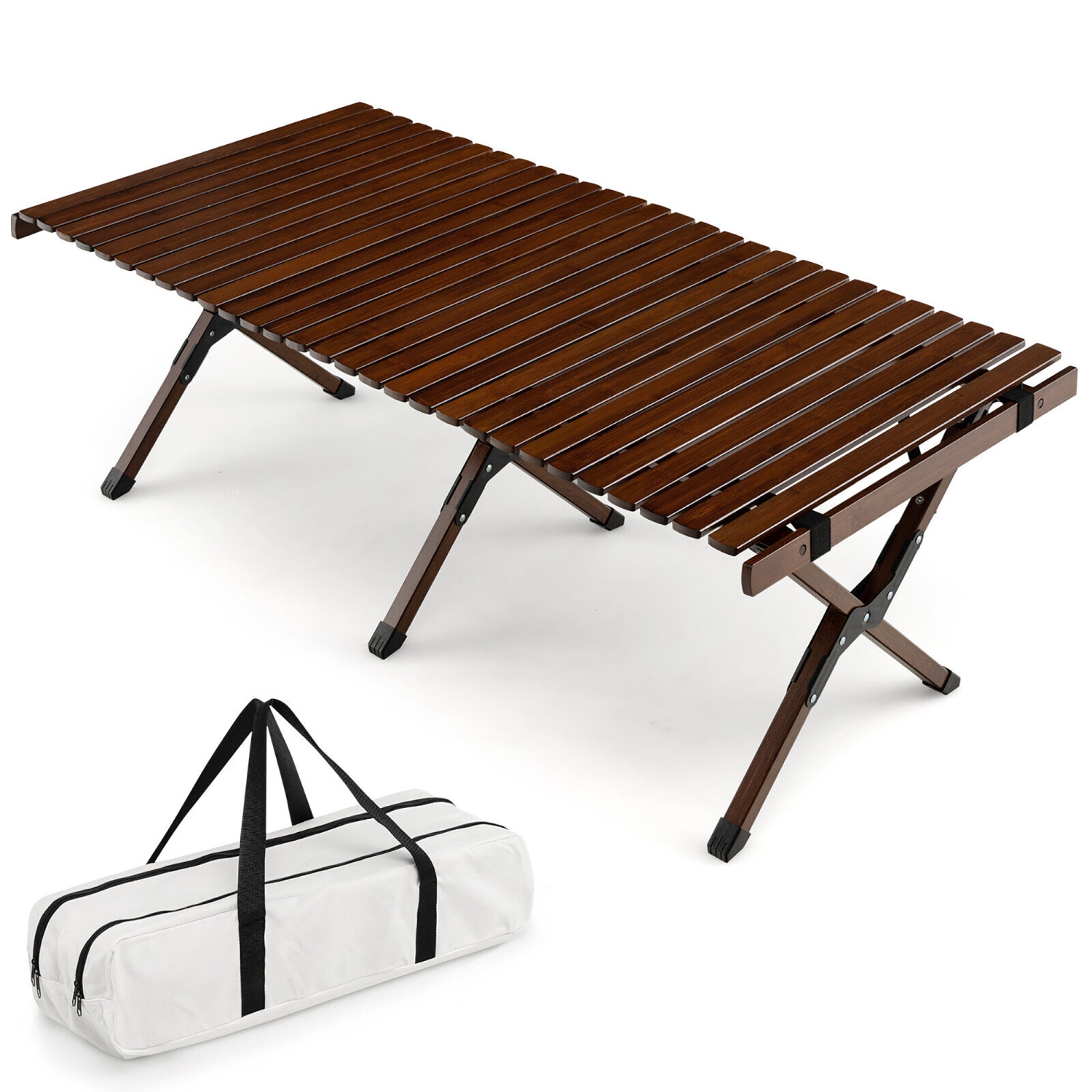 Gymax Portable Folding Bamboo Camping Table w/ Carry Bag Outdoor & Indoor