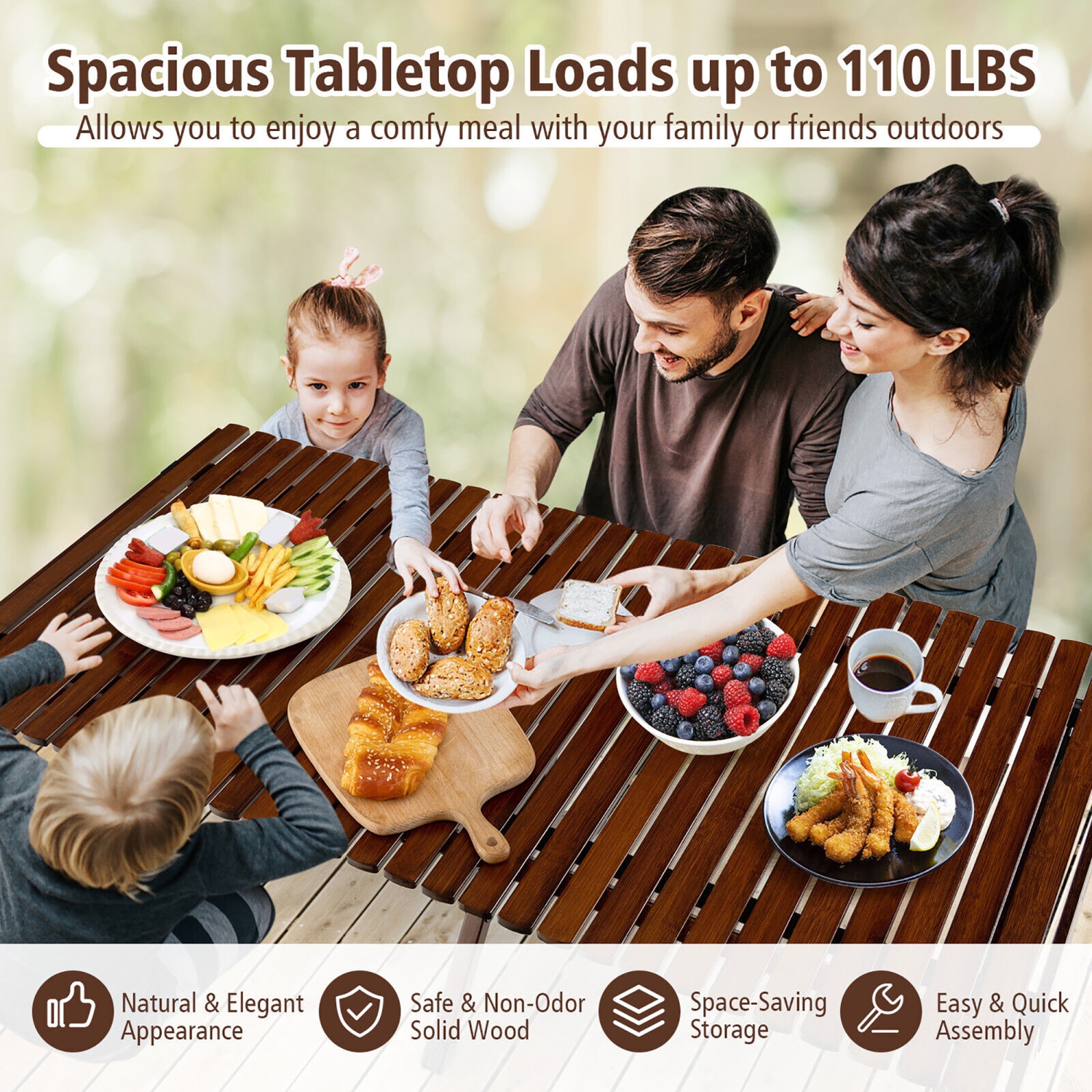 Gymax Portable Folding Bamboo Camping Table w/ Carry Bag Outdoor & Indoor