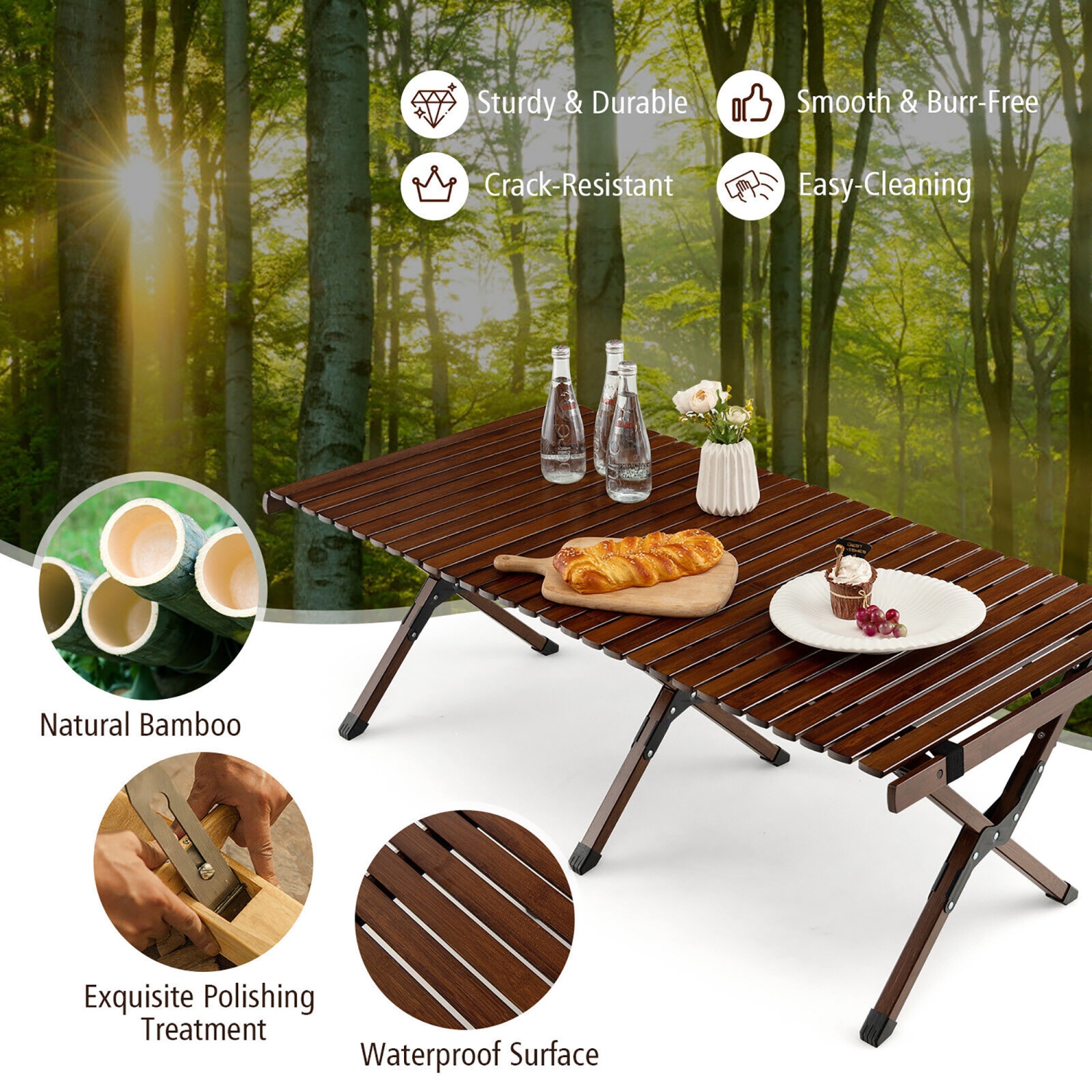 Gymax Portable Folding Bamboo Camping Table w/ Carry Bag Outdoor & Indoor