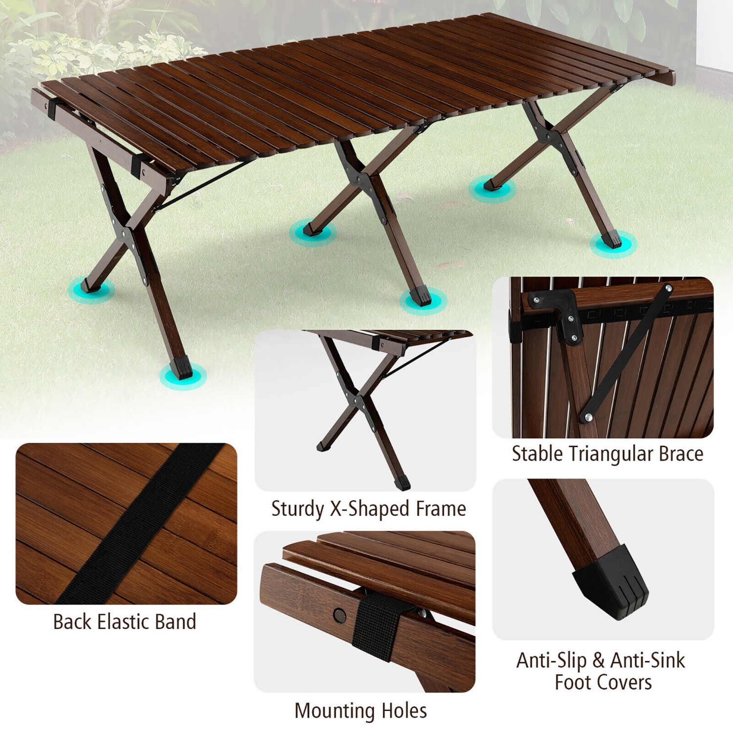 Gymax Portable Folding Bamboo Camping Table w/ Carry Bag Outdoor & Indoor