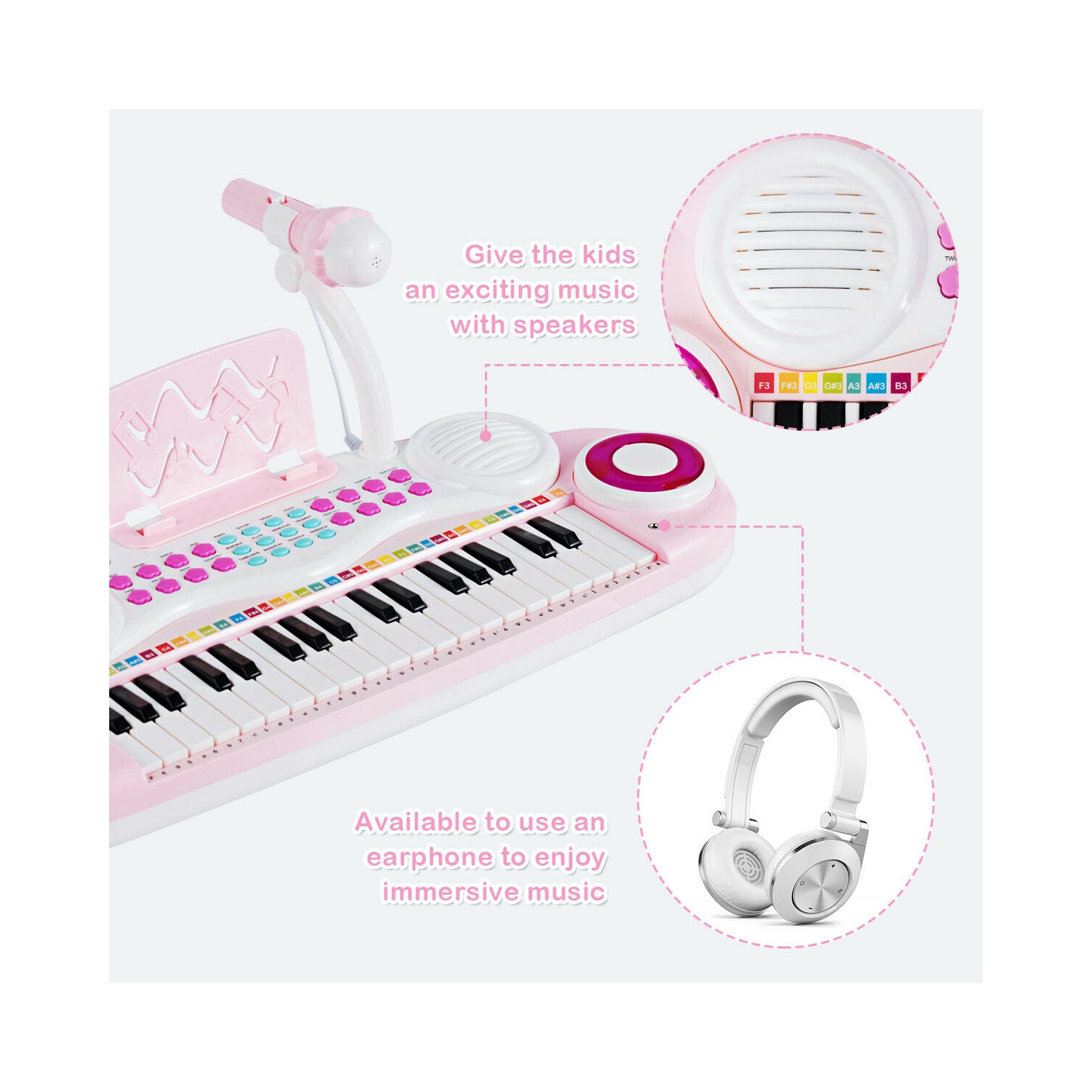 Costway 31 touches kids piano clavier jouet tout-petit instrument de  musique avec tabouret & microphone noir / rose / blanc