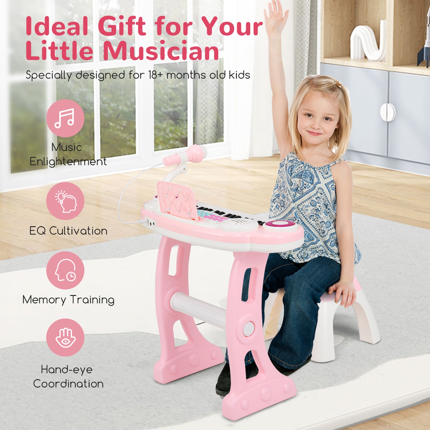 Gymax Electronic Kids Piano Toy 37 Keys Piano Keyboard w/ Detachable Legs Stool