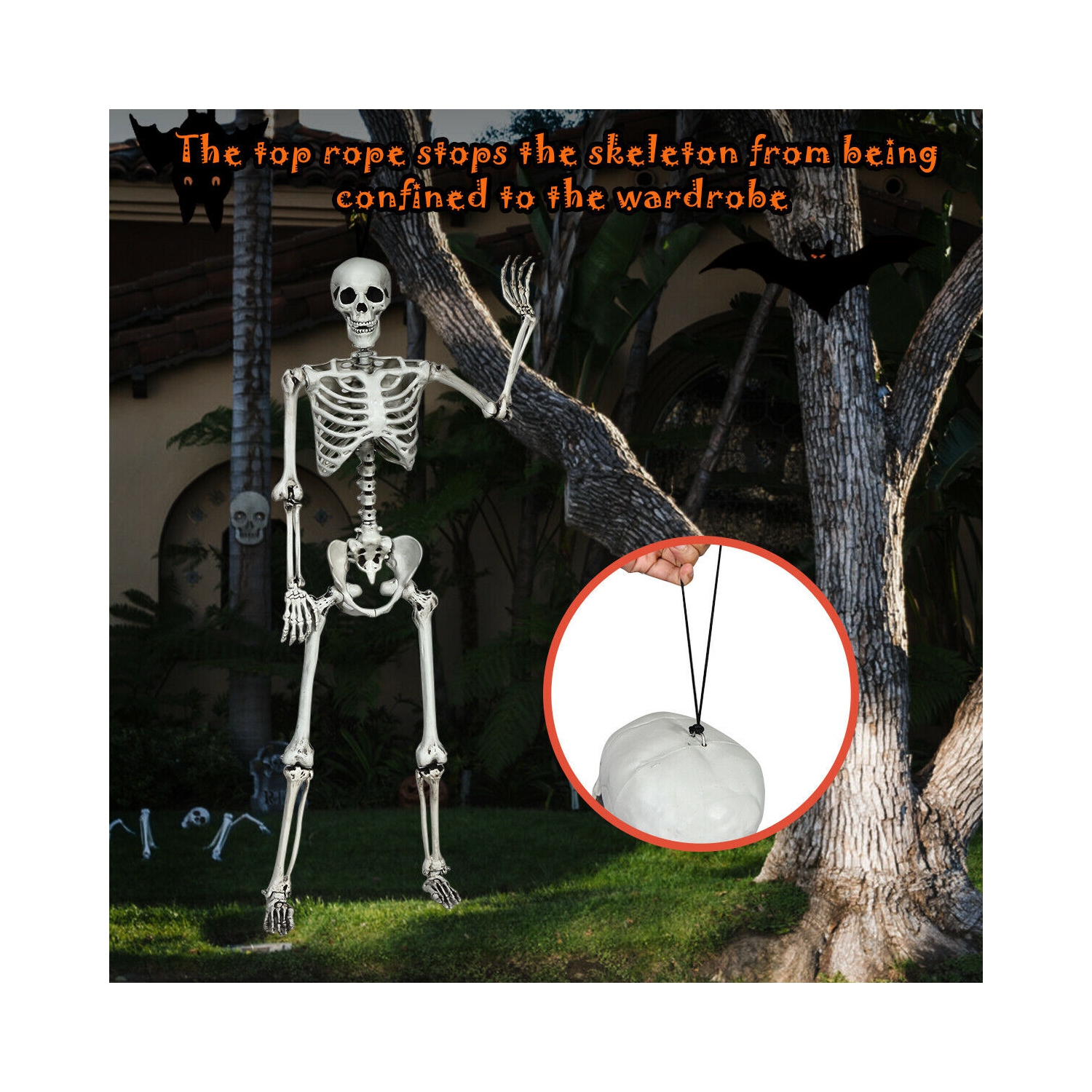 Gymax Full Body Halloween Skeleton 5.4ft Life Size w/ Hanging Rope Movable Joints