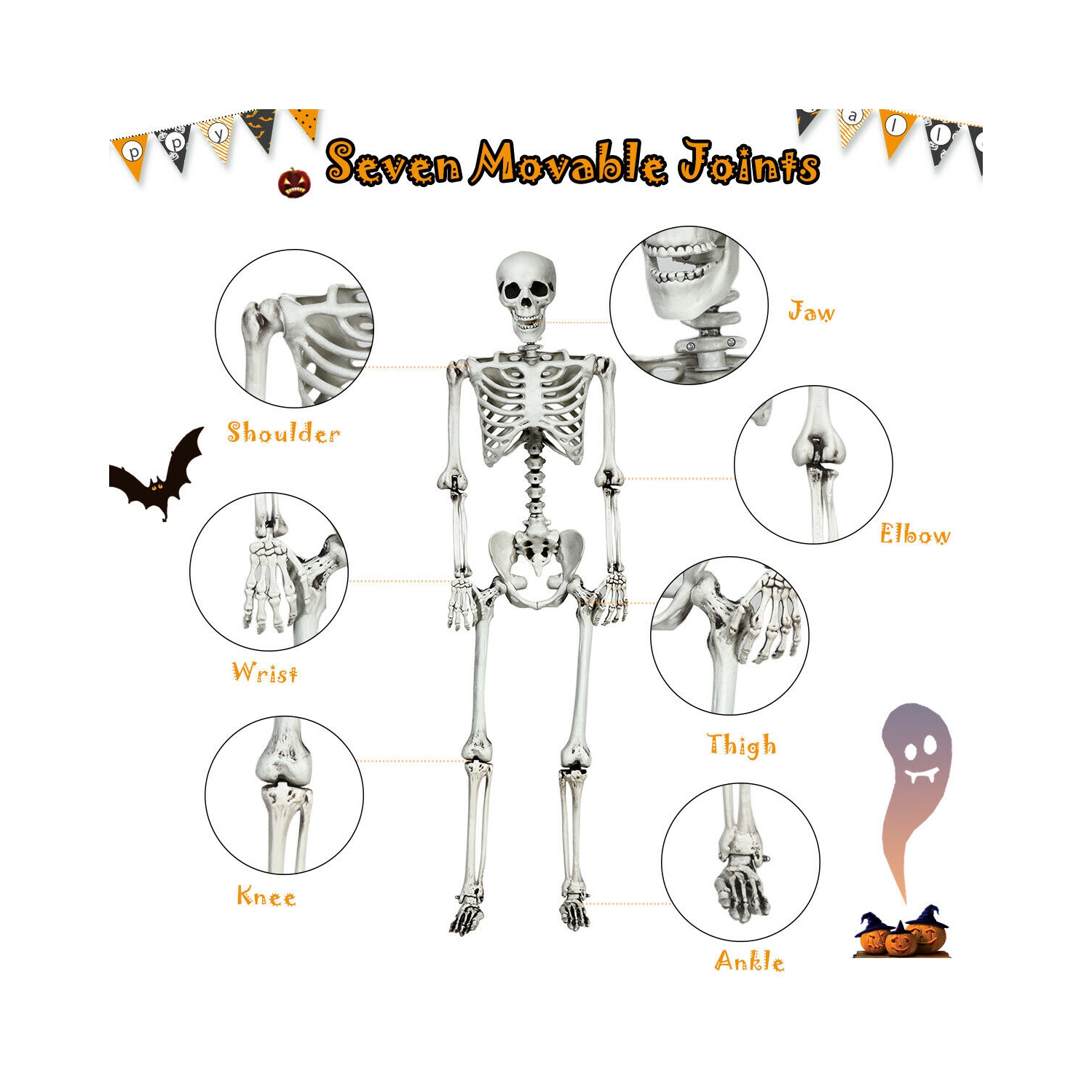 Gymax Full Body Halloween Skeleton 5.4ft Life Size w/ Hanging Rope Movable Joints