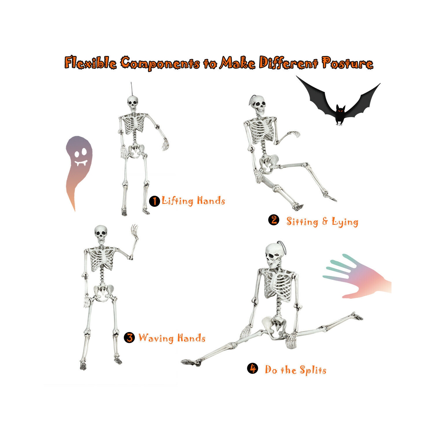 Gymax Full Body Halloween Skeleton 5.4ft Life Size w/ Hanging Rope Movable Joints