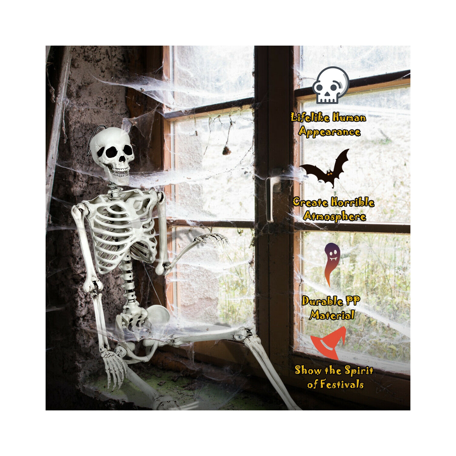 Gymax Full Body Halloween Skeleton 5.4ft Life Size w/ Hanging Rope Movable Joints