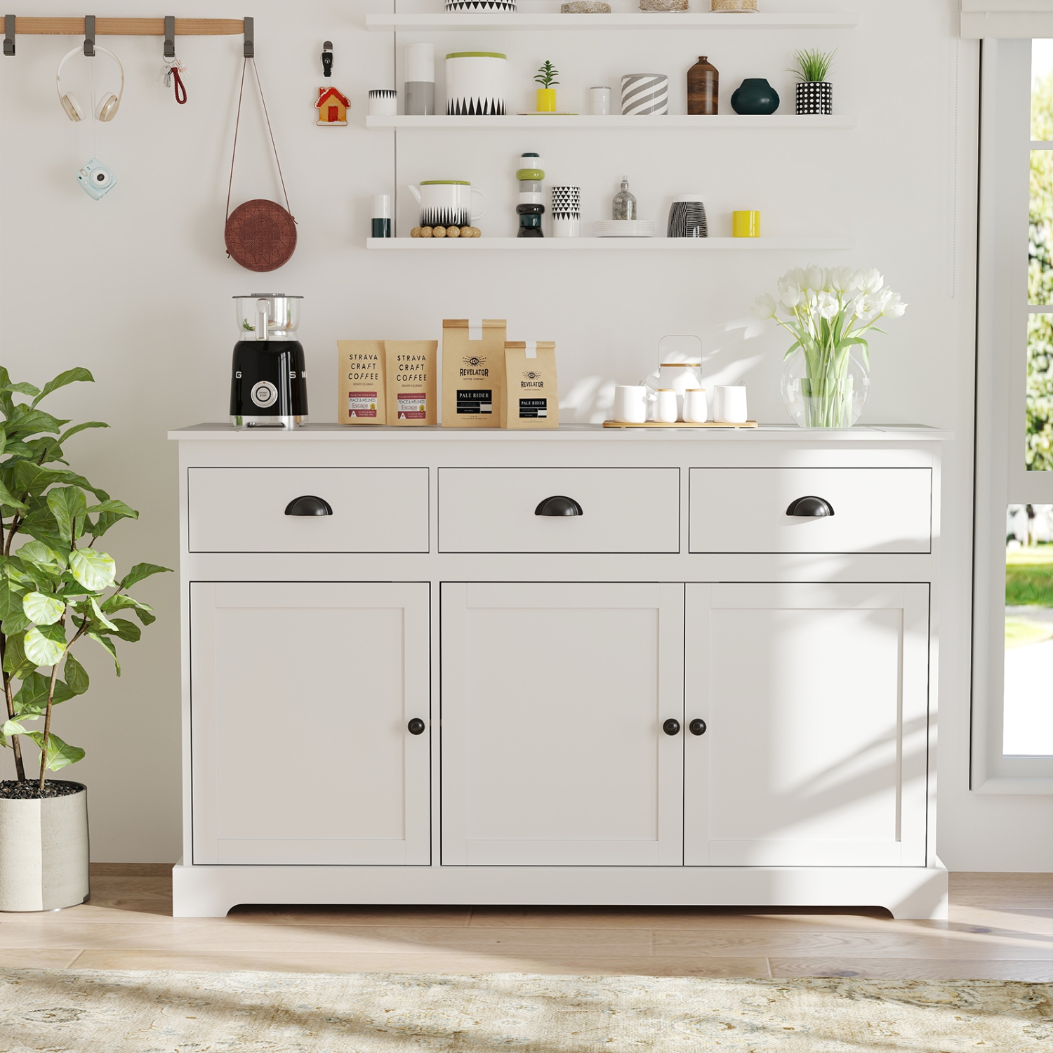 Gymax Modern Buffet Sideboard 53.5'' Storage Cabinet w/ 3 Drawers 3 Doors White