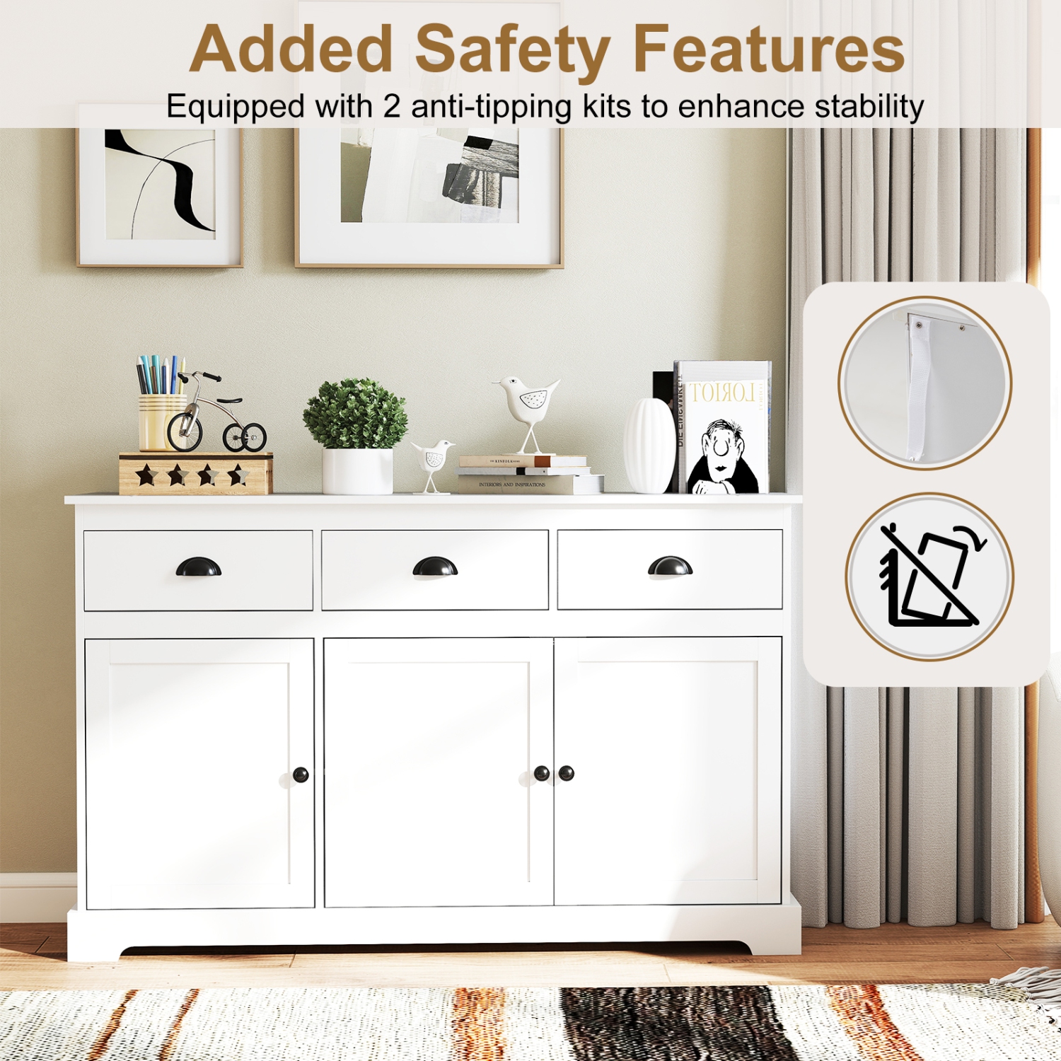 Gymax Modern Buffet Sideboard 53.5'' Storage Cabinet w/ 3 Drawers 3 Doors White