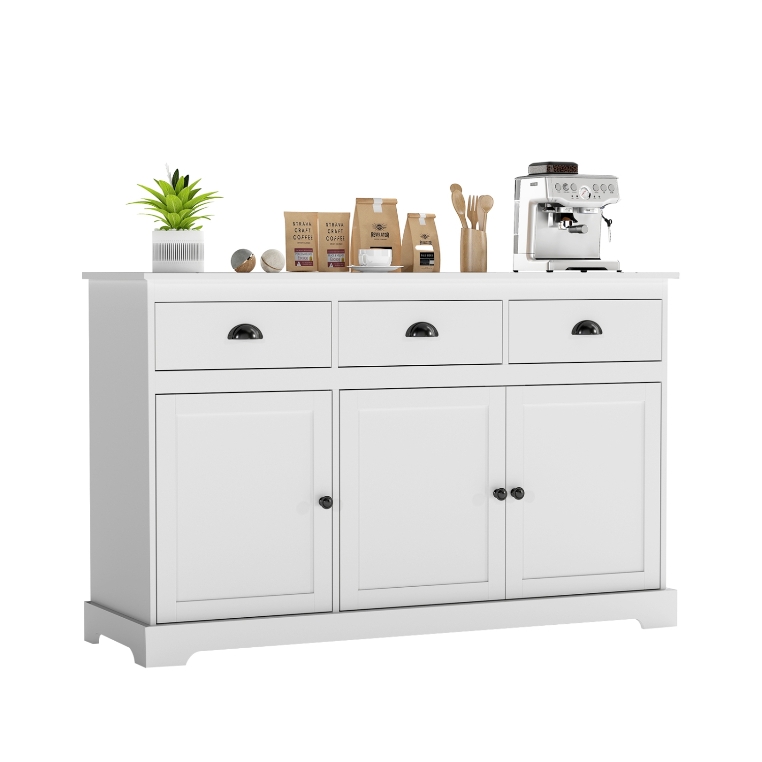 Gymax Modern Buffet Sideboard 53.5'' Storage Cabinet w/ 3 Drawers 3 Doors White