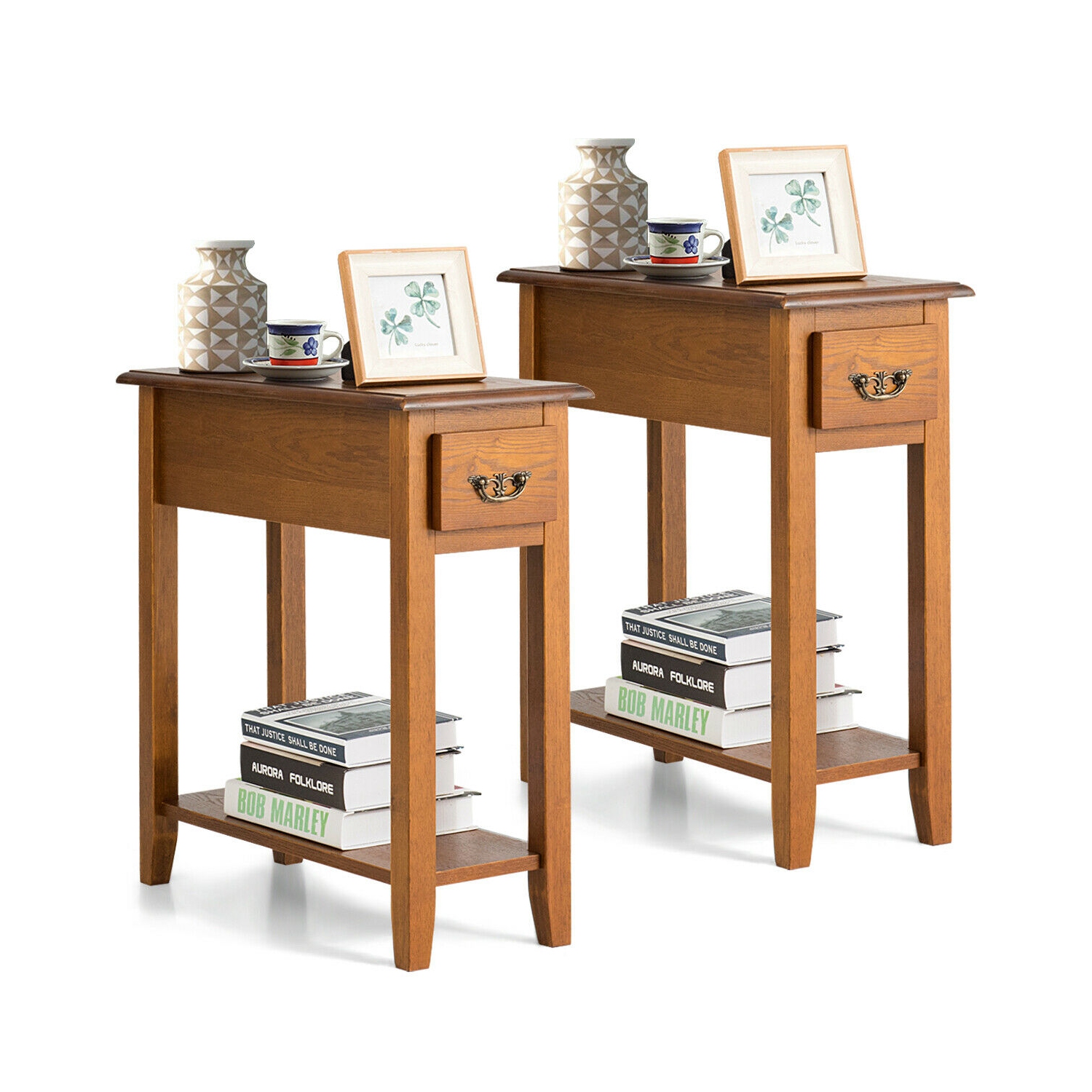 Gymax Set of 2 End Table Bedside Sofa End Table Narrow Nightstand