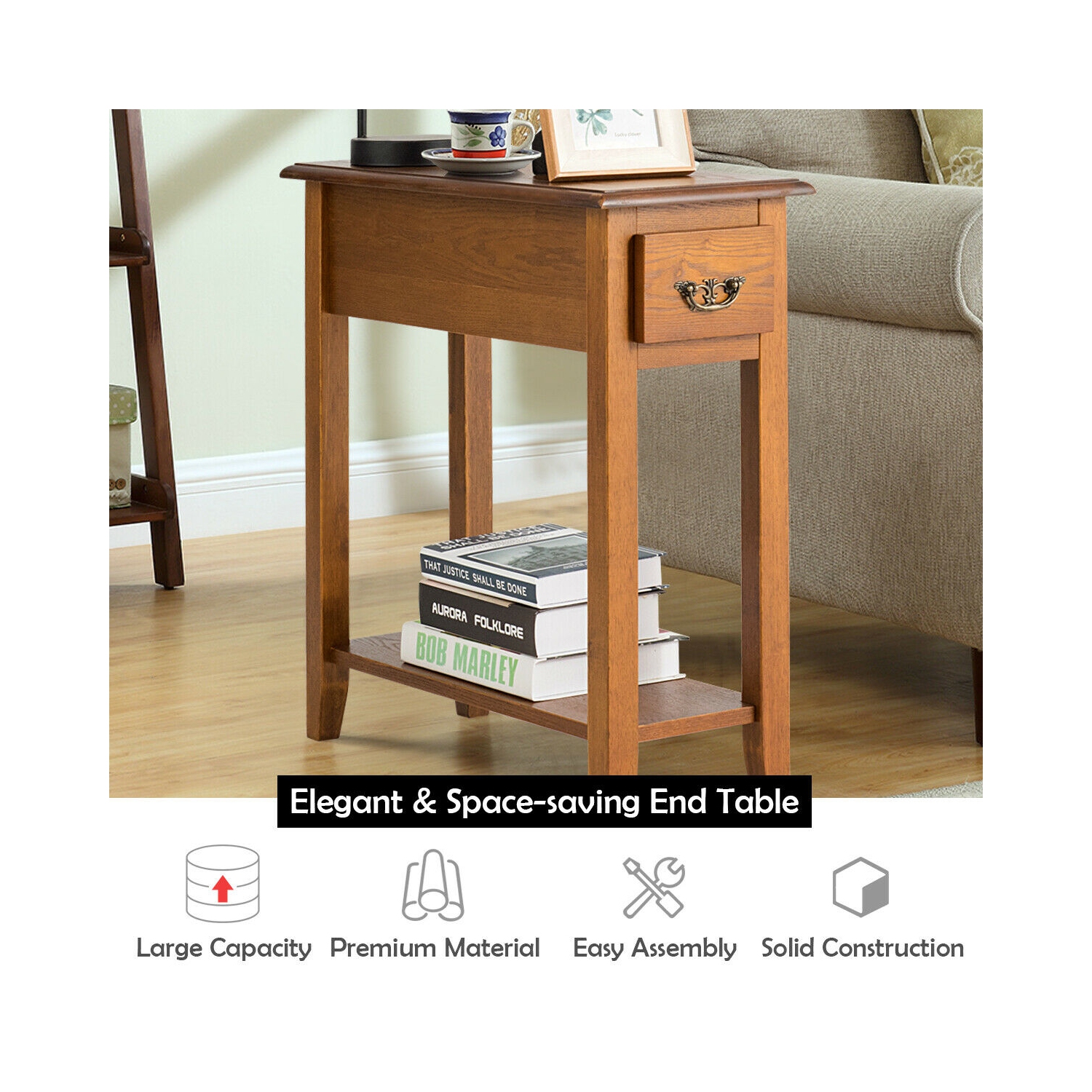 Gymax End Table Bedside Sofa End Table Narrow Nightstand w/Drawer