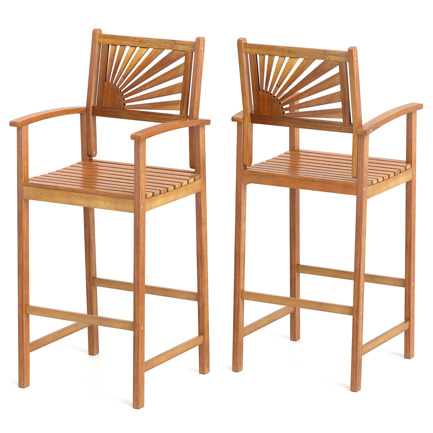 Gymax Set of 2 Outdoor Acacia Wood Bar Stools Bar Height Patio Chairs w/ Backrests