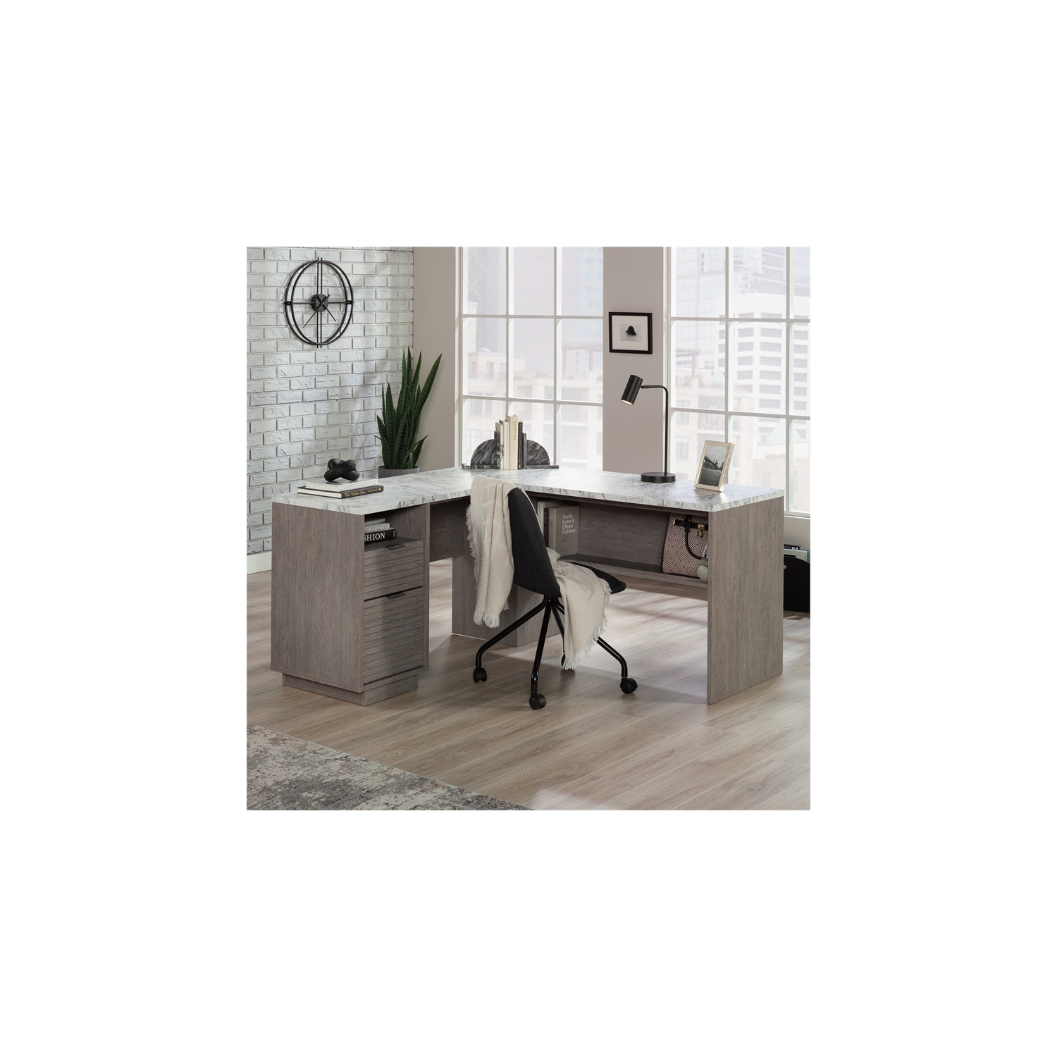 Sauder – Bureau en L en bois d’ingénierie East Rock, fini chêne cendré