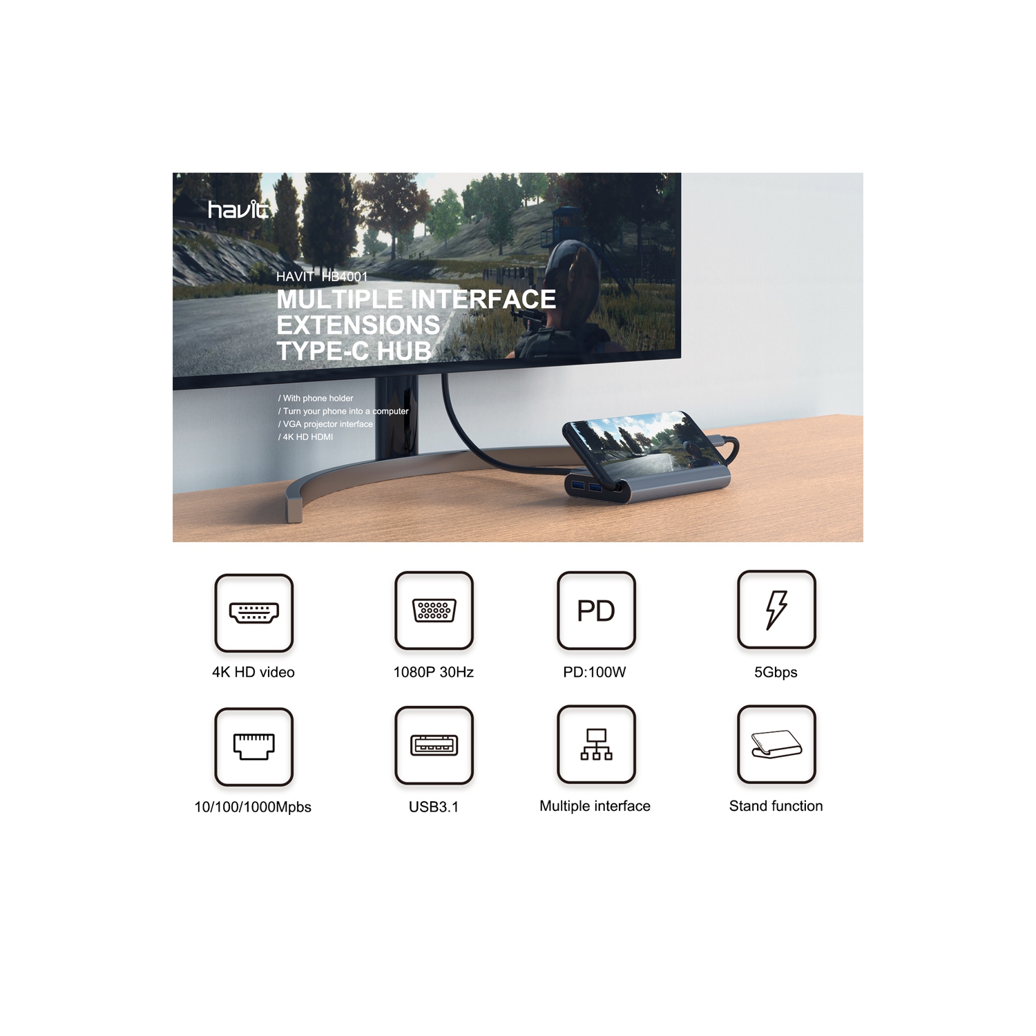 Havit – Extensions d’interface 7-en-1 de type C vers USB/HDMI/PD/RJ45/VGA pour plusieurs interfaces