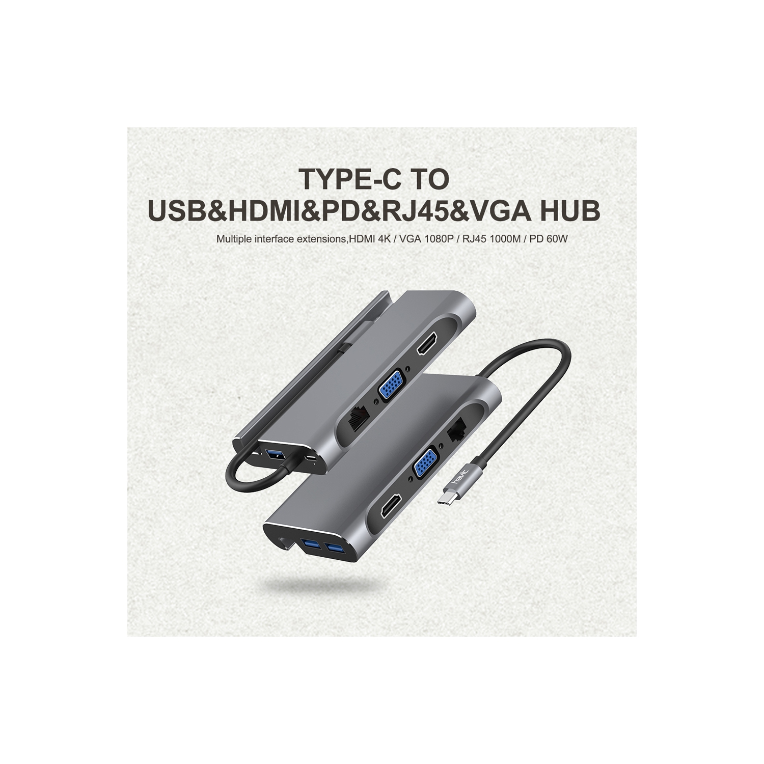 Havit – Extensions d’interface 7-en-1 de type C vers USB/HDMI/PD/RJ45/VGA pour plusieurs interfaces