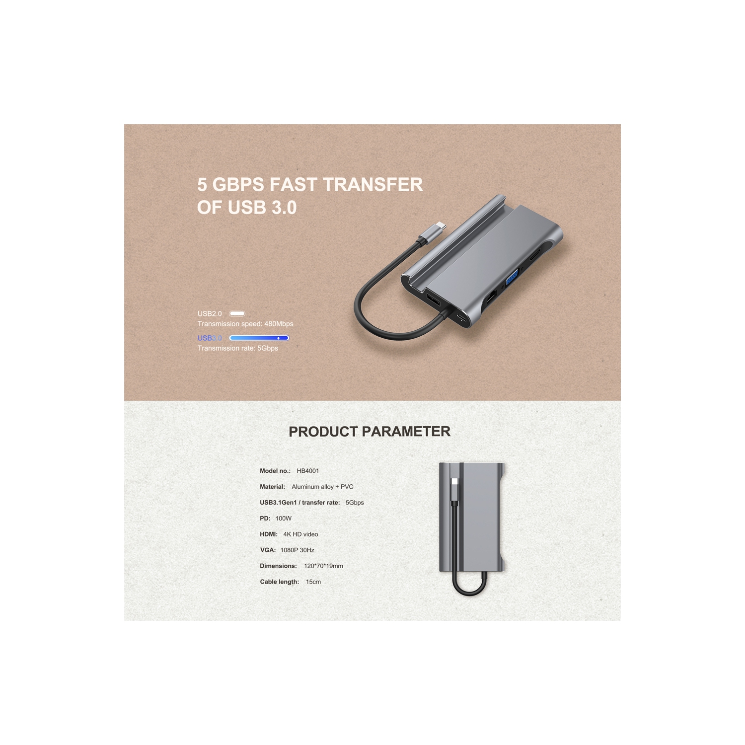 Havit – Extensions d’interface 7-en-1 de type C vers USB/HDMI/PD/RJ45/VGA pour plusieurs interfaces