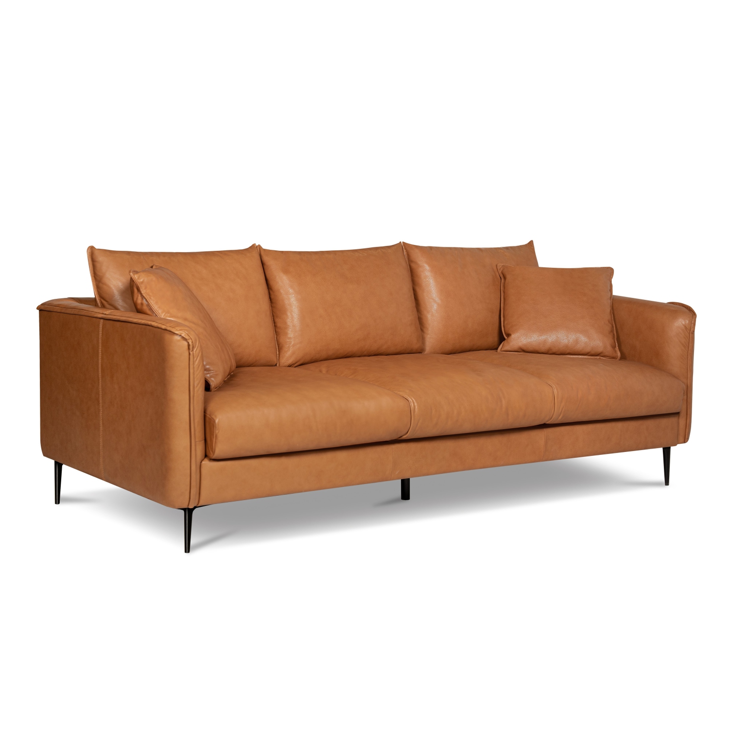 Valencia Jasper Top Grain Leather with Wooden Frame 3 Seats Sofa, Cognac Color
