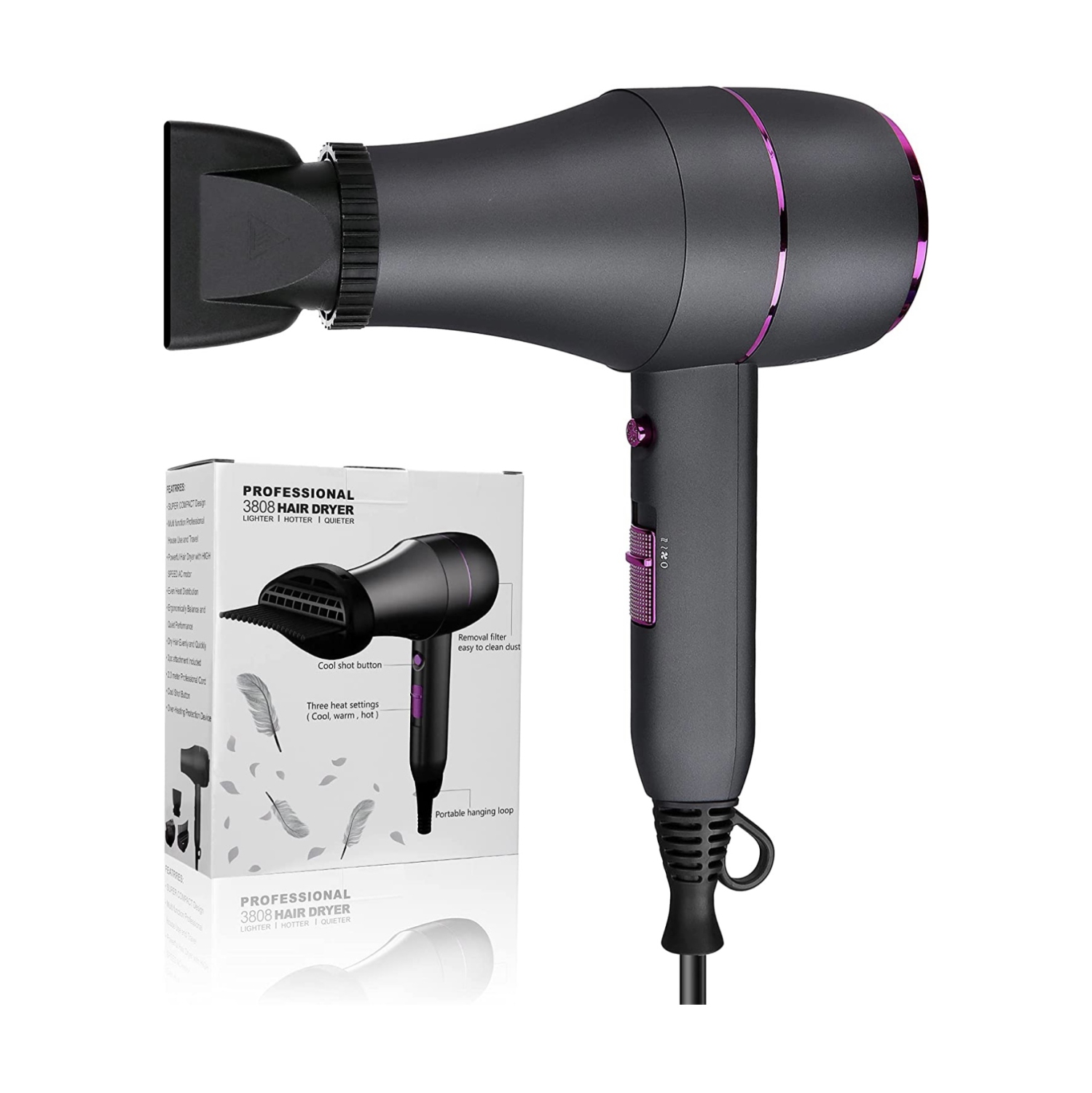 A|M Beauty Professional Hair Dryer, Compact 1800W Blow Dryer with Volumizer Brush | Comb Concentrator Styling Nozzle, Hairdryer for Quick Drying