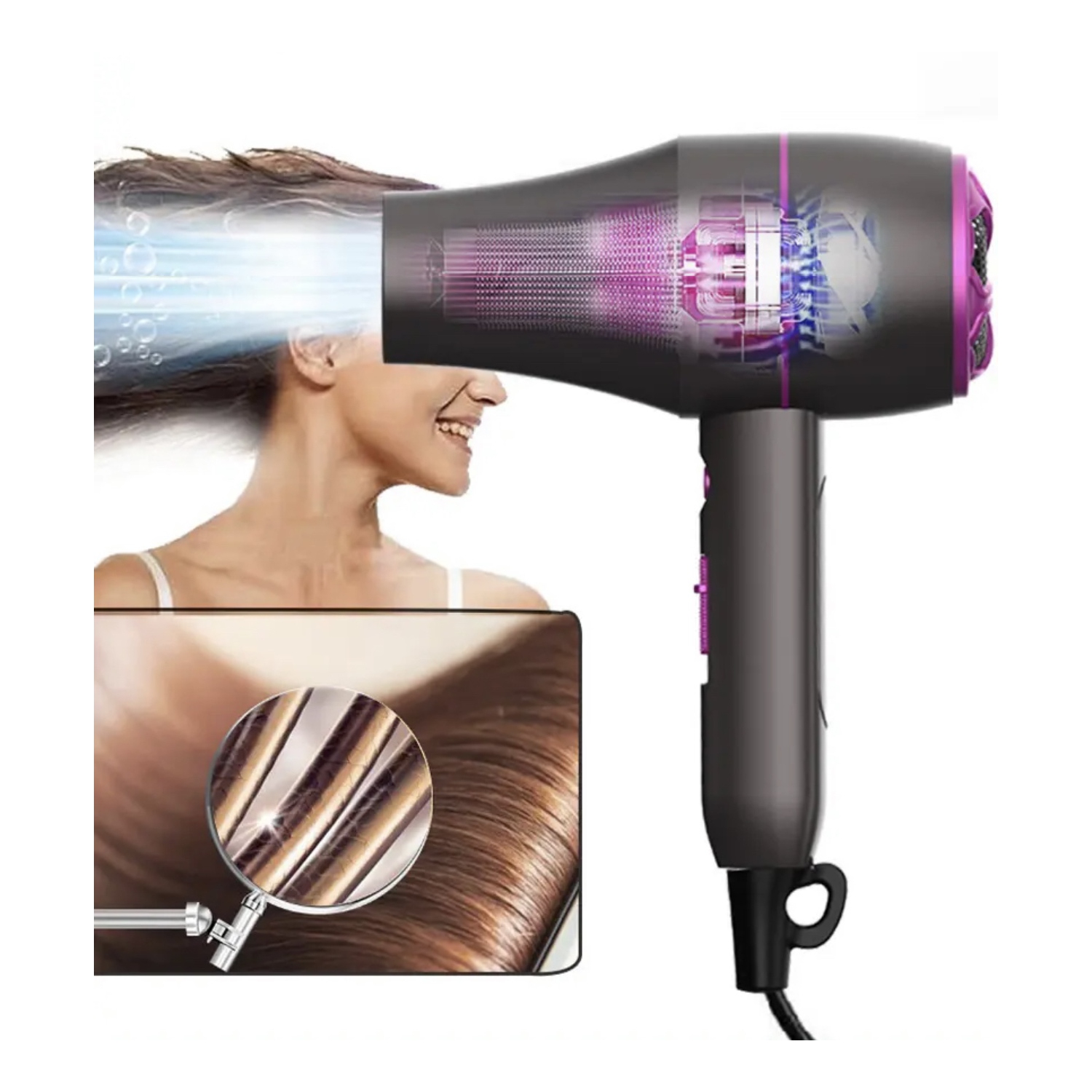 A|M Beauty Professional Hair Dryer, Compact 1800W Blow Dryer with Volumizer Brush | Comb Concentrator Styling Nozzle, Hairdryer for Quick Drying