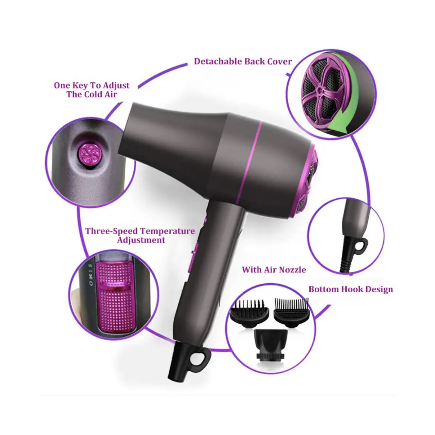 A|M Beauty Professional Hair Dryer, Compact 1800W Blow Dryer with Volumizer Brush | Comb Concentrator Styling Nozzle, Hairdryer for Quick Drying
